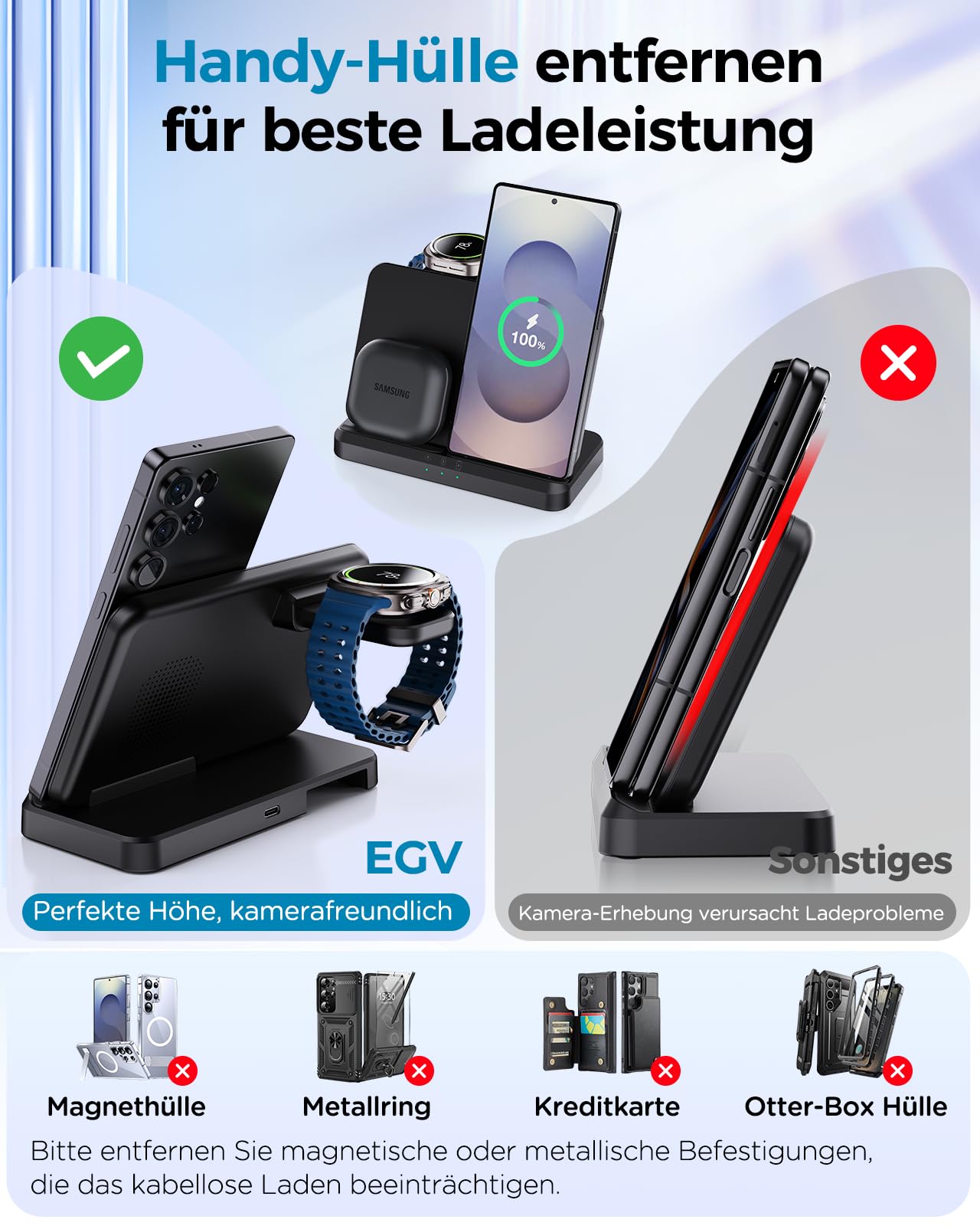 EGV Induktive Ladestation für Samsung – 3-in-1 Wireless Charger kompatibel mit Galaxy S26 Ultra/S25/S24, Z Fold/Flip 7/6, Buds, Abnehmbares Ladegerät für Galaxy Watch Ultra/8/7, Kein Adapter | Induktive Ladestation, Kompatibel mit Buds, Abnehmbares Ladege