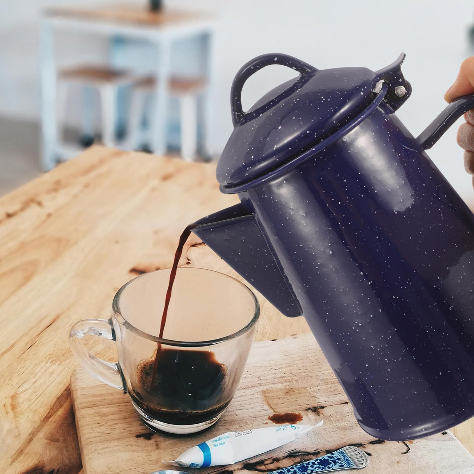 Tetera de Esmalte Azul con Boquilla, Capacidad 1.2l, Diseño Elegante, Adecuada para Cocina de Camping y Uso Doméstico