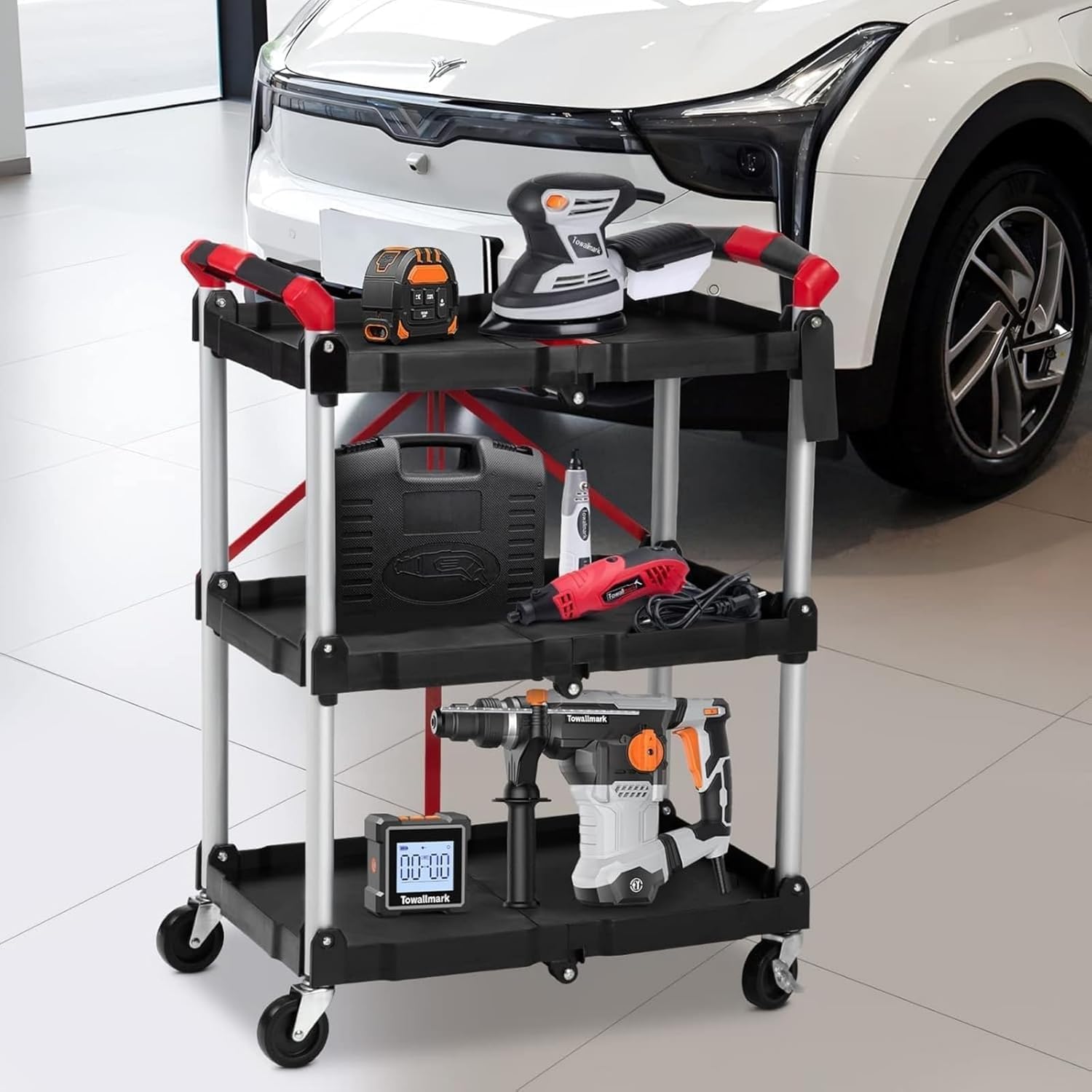 Collapsible Rolling Cart with Wheels, 3 Tier Rolling Utility Cart, No Installation Required, Wheels Lock to Maintain Stability, Heavy Duty 56 Lb. Load Capacity, for Home, Office, Garage and Warehouse