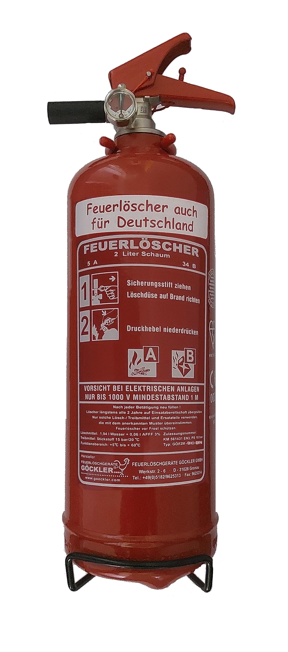 Brandengel® 2 L Schaum Feuerlöscher EN 3 Manometer Halterung Messingarmatur Sicherheitsventil, 5 A, 34B (ohne Prüfnachweis u. Jahresmarke) Küche Haushalt Gastro Hotel