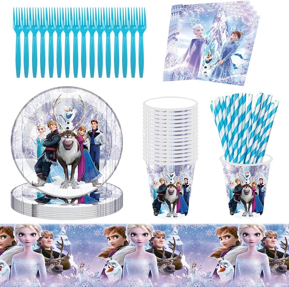 89 pcs Frozen Tableware Packs Frozen Happy Birthday Party Supplies Girls Frozen Tableware Decoration for Kids Includes Plates, Cups,Tablecloth,Napkins For 16 Guests