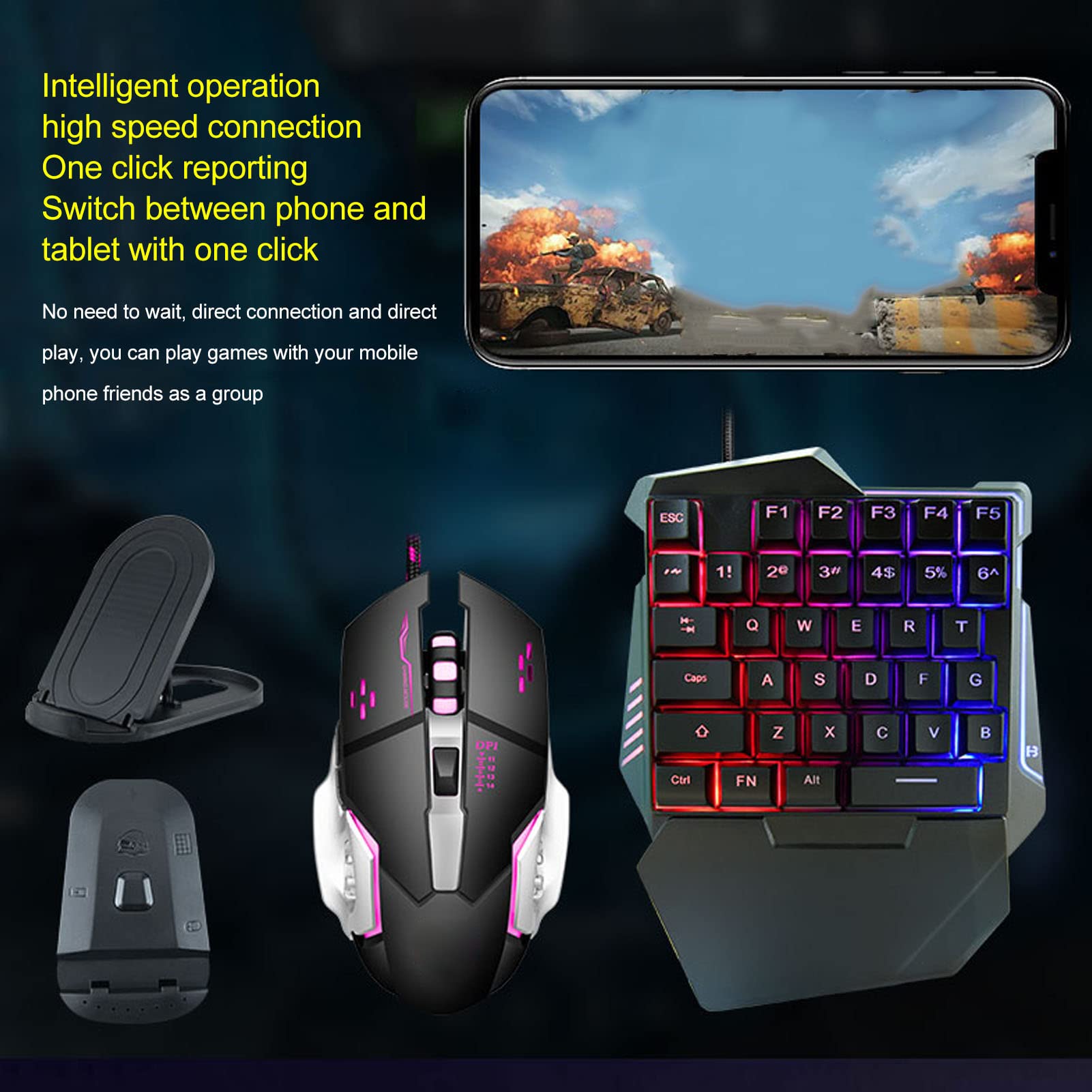 Bewinner Einhand-RGB-Gaming-Tastatur und Hintergrundbeleuchtete Maus-Kombination, USB-Kabel, 35-Tasten-Tastatur, 6-Tasten-Gaming-Maus-Konverter-Set mit Halterung für PC-Gamer