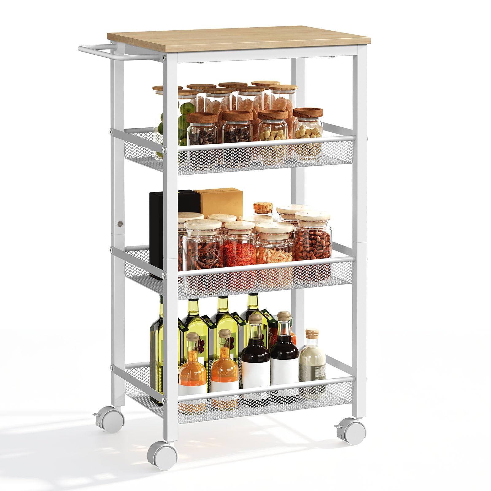 HOOBRO Chariot de Service à 4 Niveaux avec roulettes et Pieds Réglables, Chariot Mobile avec Barrières, Chariot de Cuisine, Chariot de Bar, pour Cuisine, Salon, Blanc et Couleur Bois EWN72TC01