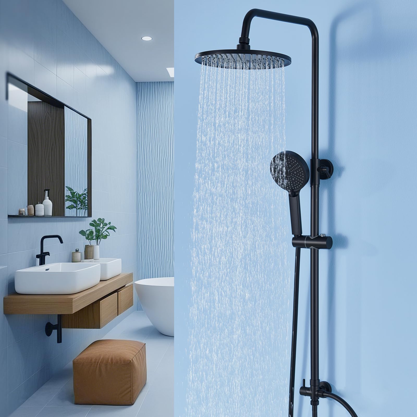 Black Rainfall Shower Head and Hose Set, 10" Rainfall Shower with Adjustable 65CM-110CM Slide Bar, 4-Function Handheld with Jet, Flexible Black Shower Hose, Universal Bathroom Fixtures, Easy Retrofit