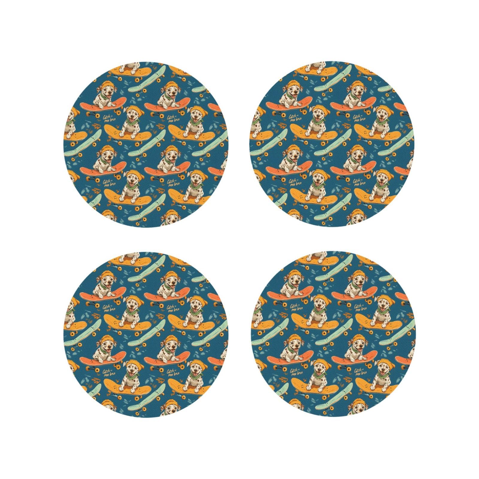 Leather Coasters Set of 4 - Cute Puppy Skateboard Print Lightweight Drink Coasters for Desk