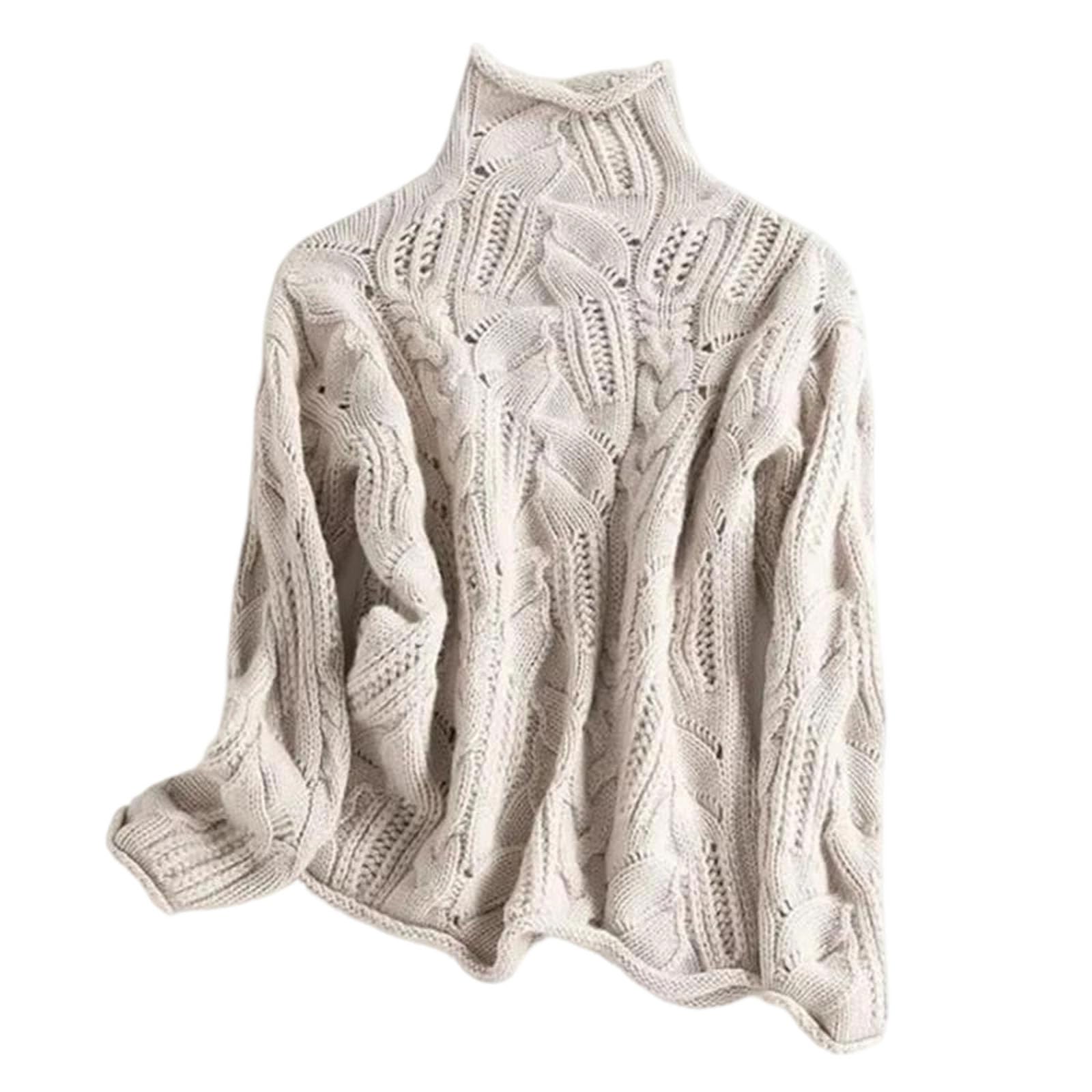 Womens Casual Loose Solid Merino Wool High Collar Sweater Korean Style Twisted Hollow Knit Pullover