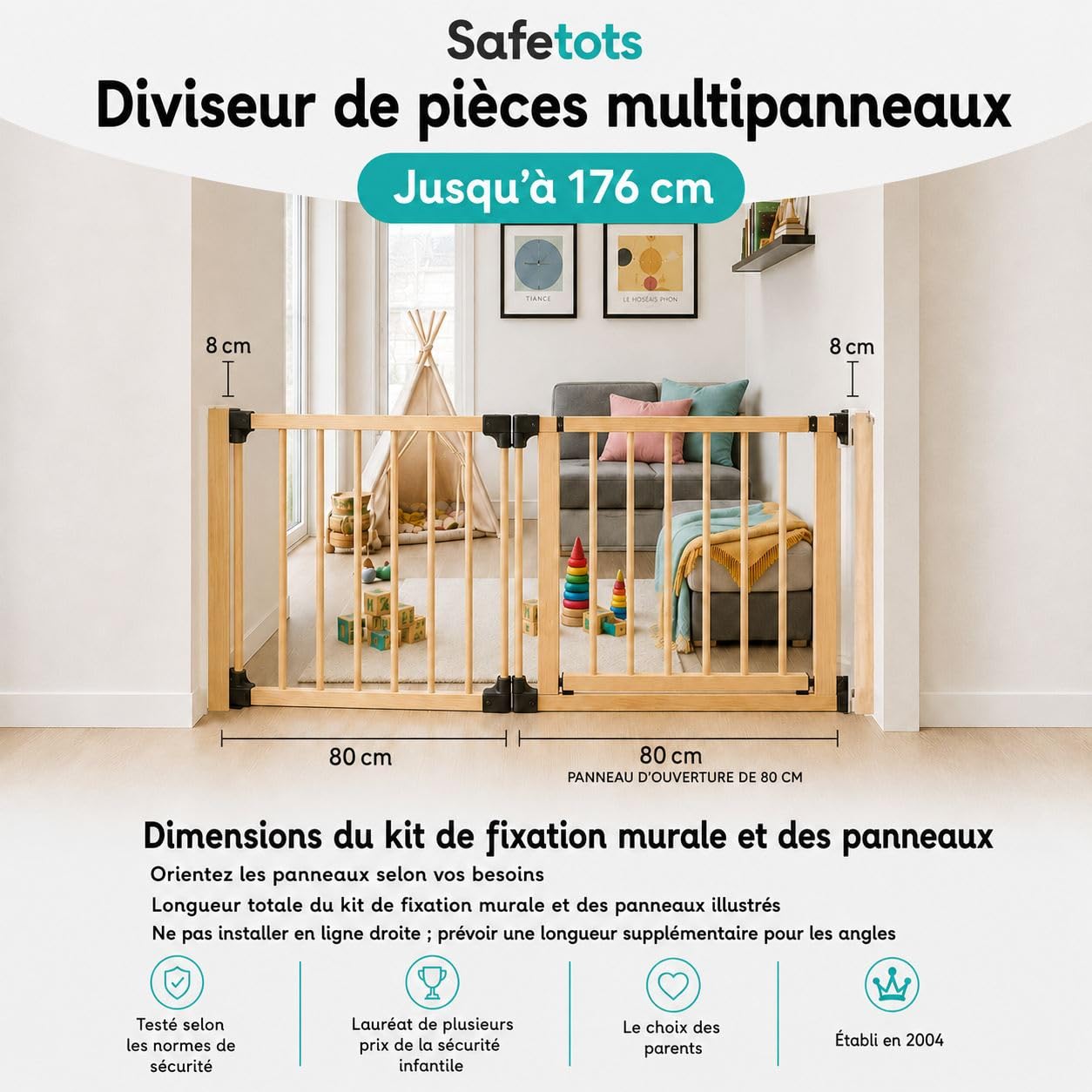 Safetots Barrière de Sécurité Multi-Panneau en Bois, Barrière Flexible avec Porte, Séparateur de Pièce pour Bébés et Tout-Petits, jusqu'à 176cm de Largeur x 76cm de Hauteur, Couleur Bois Naturel