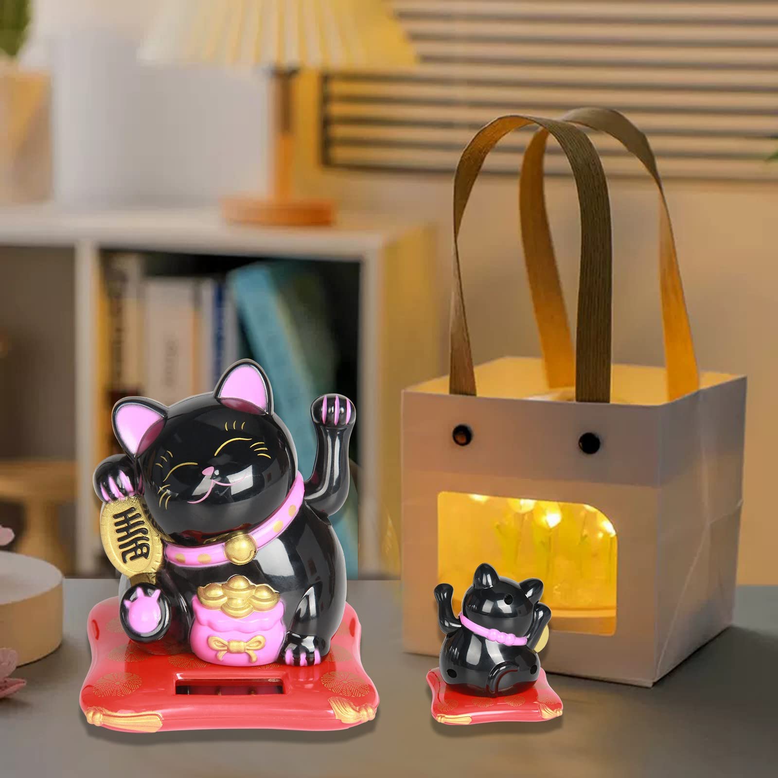 Maneki Neko Fortune Cat Solare Gatto Braccio Ondeaggiante Home Decor Black