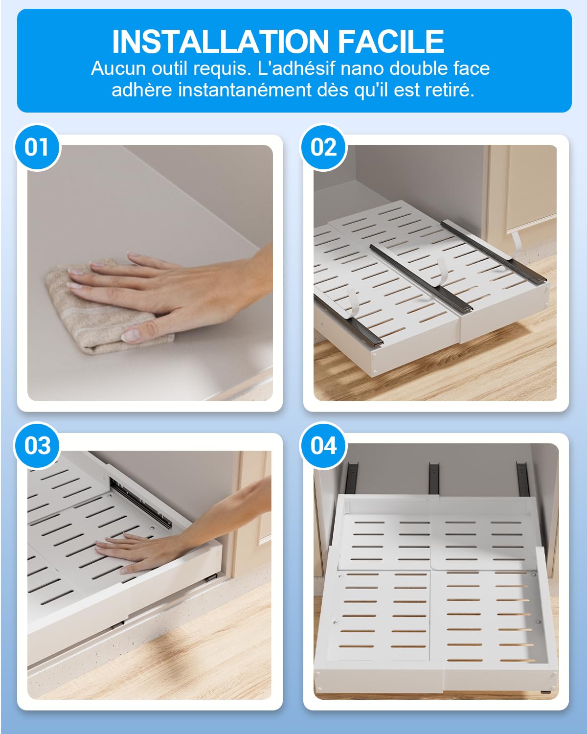 Lot de 2 Tiroirs Coulissants Cuisine,4 Directions Tiroir Coulissant Placard | Largeur 30–49 cm, Profondeur 42–55 cm, Charge 40 kg, Montage Sans Perçage ou Vissé, pour Placard de Cuisine, Blanc