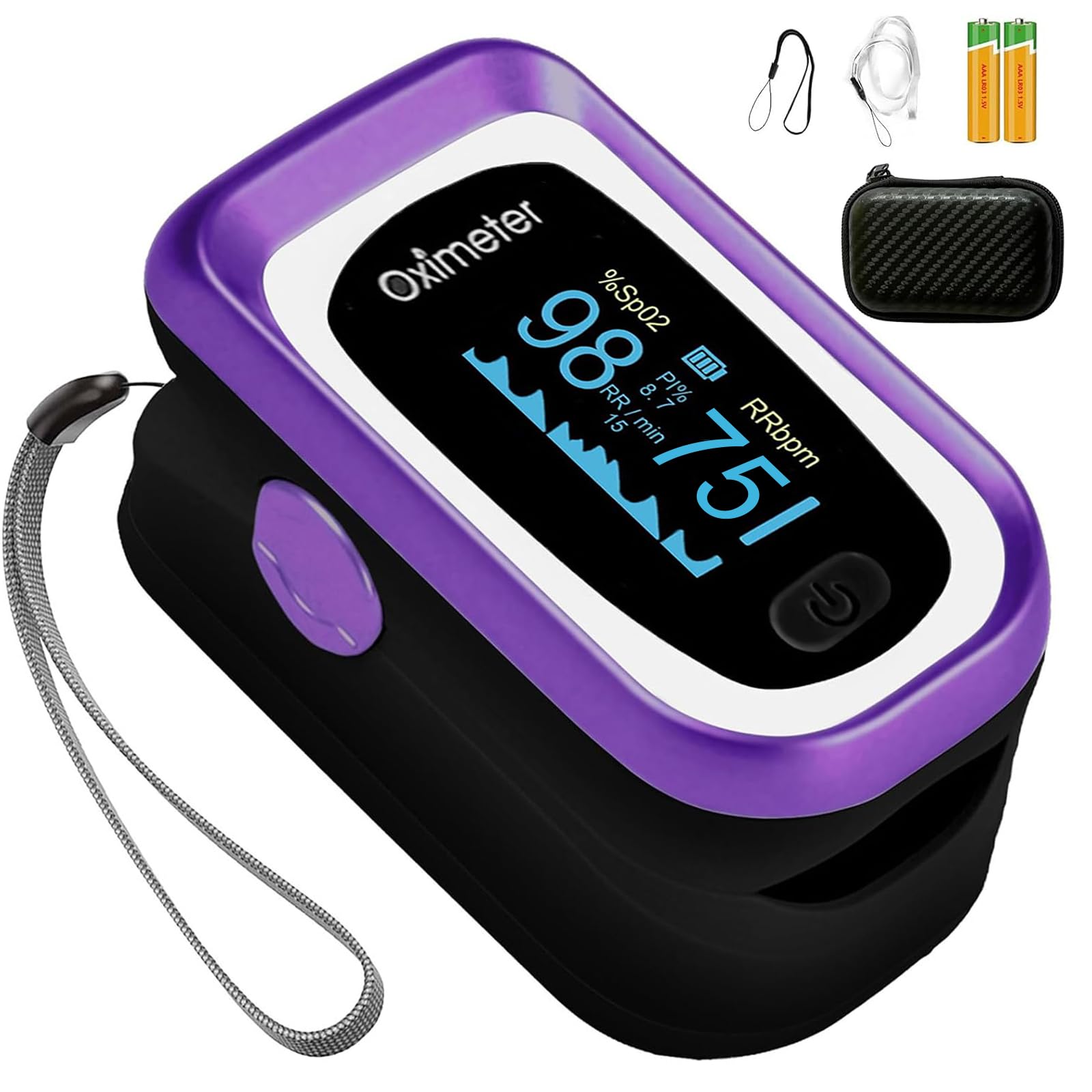 Manhero Black Purple Fingertip Pulse Oximeter with Respiration Rate - Medical Grade Fingertip Oximeter, OLED Oxygen Monitor for Adults & Kids