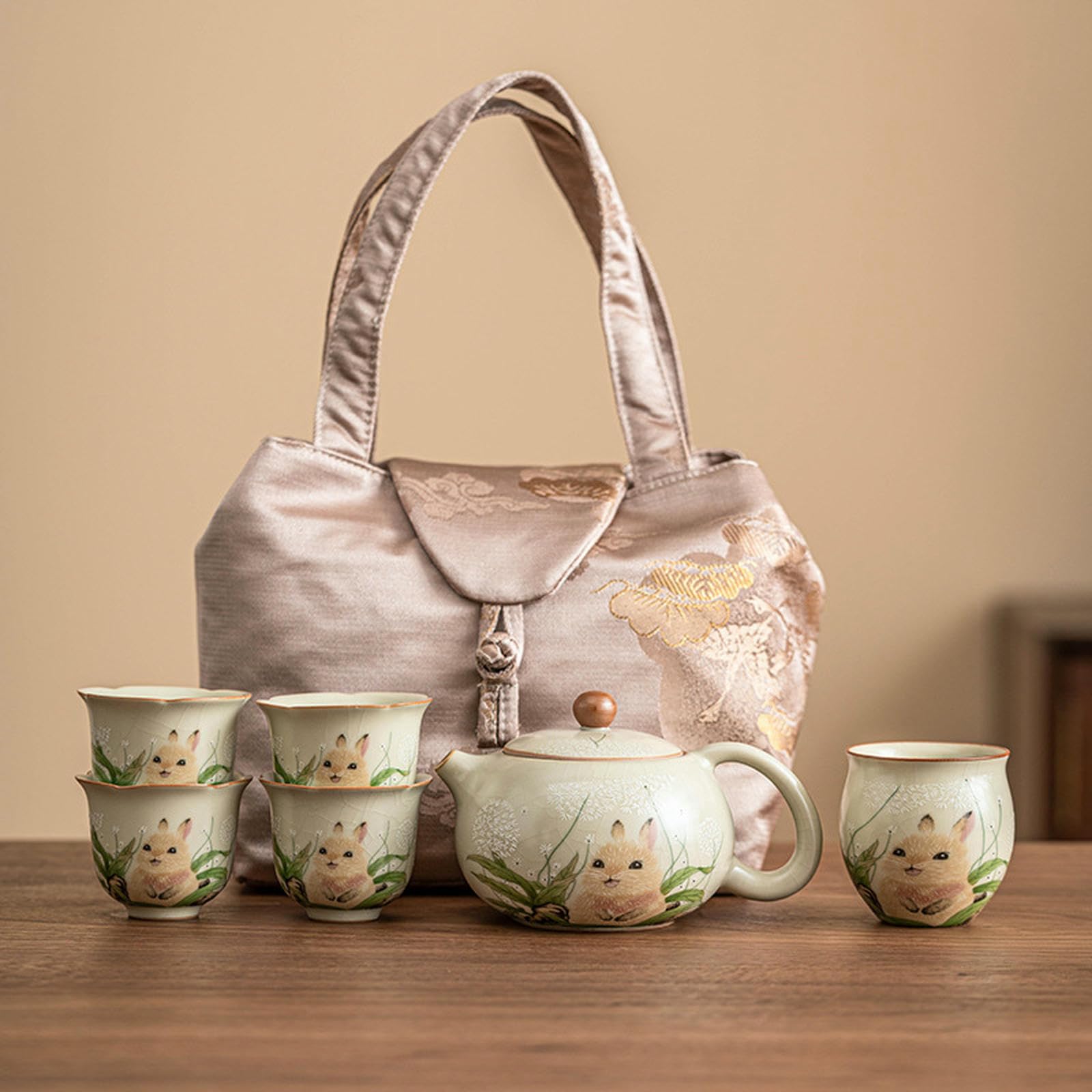 La apertura del horno Ru de 200 ml puede criar conejos Xishi, juego de tetera de cerámica para el hogar, 1 olla, 1 huevera, 4 tazas [bolsa de almacenamiento]