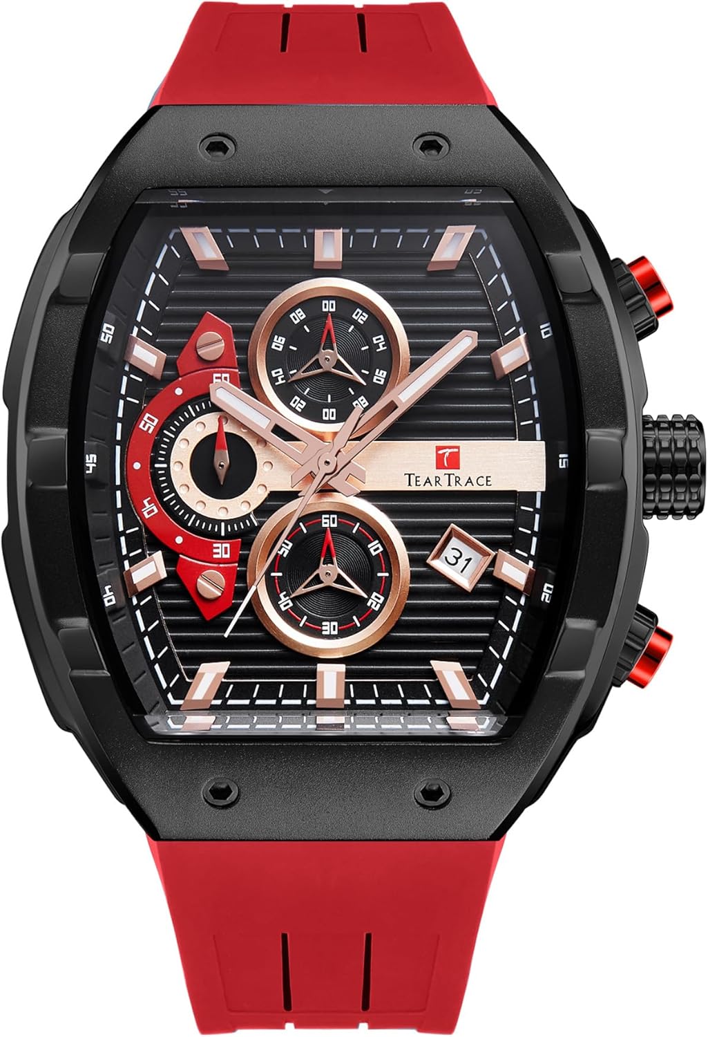 TEARTRACE Watches for Men Analog Quartz Waterproof Sport Men’s Watch Tonneau Chronograph Luminous Fashionable Unique Casual Watch with Silicone Strap