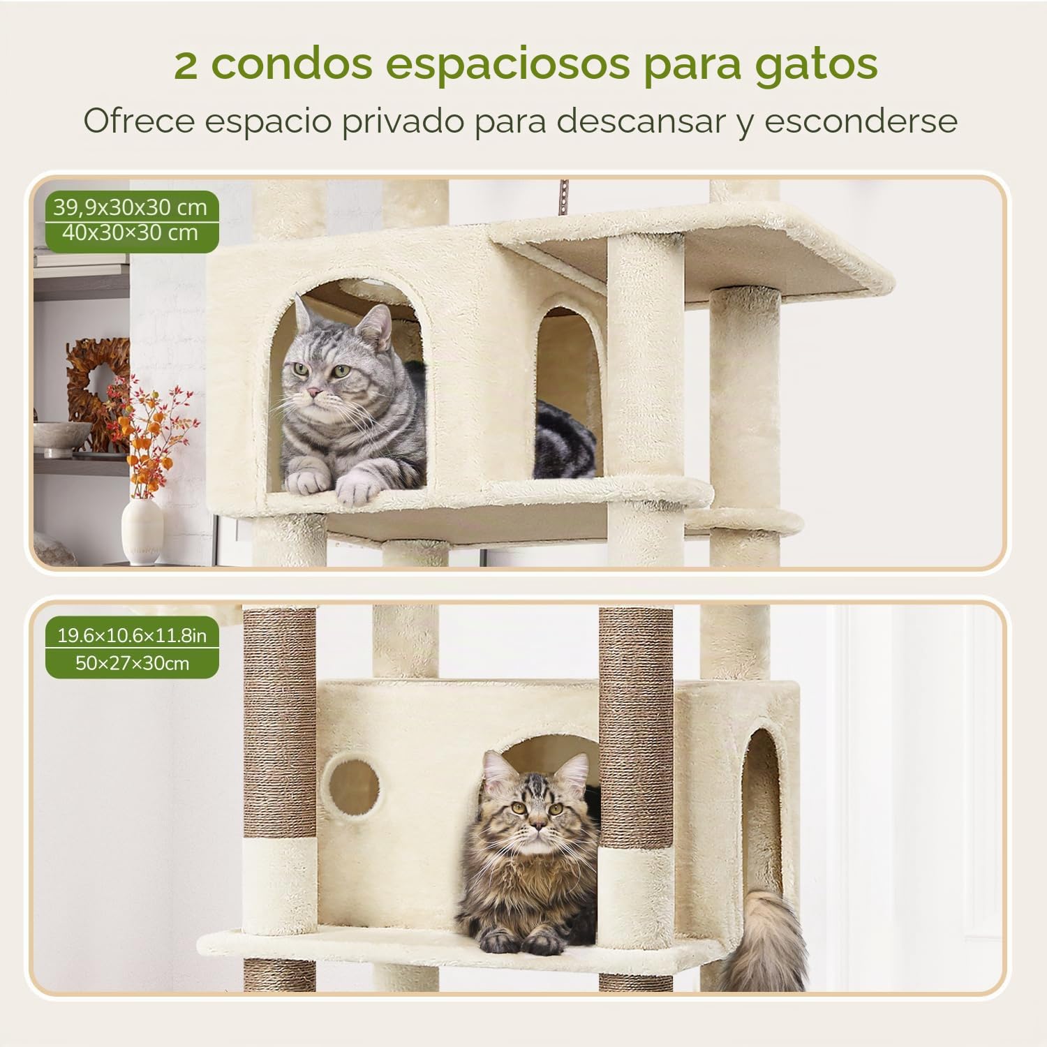 Globlazer Árbol Rascador para Gatos Beige Grande 188 cm Alto con 2 Nidos, Grande Plataforma Acolchada, Felpa Cesta, Peluche Juguetes, Estable Torre para Gatos Adultos Descansar Jugar (F74B, Beige)