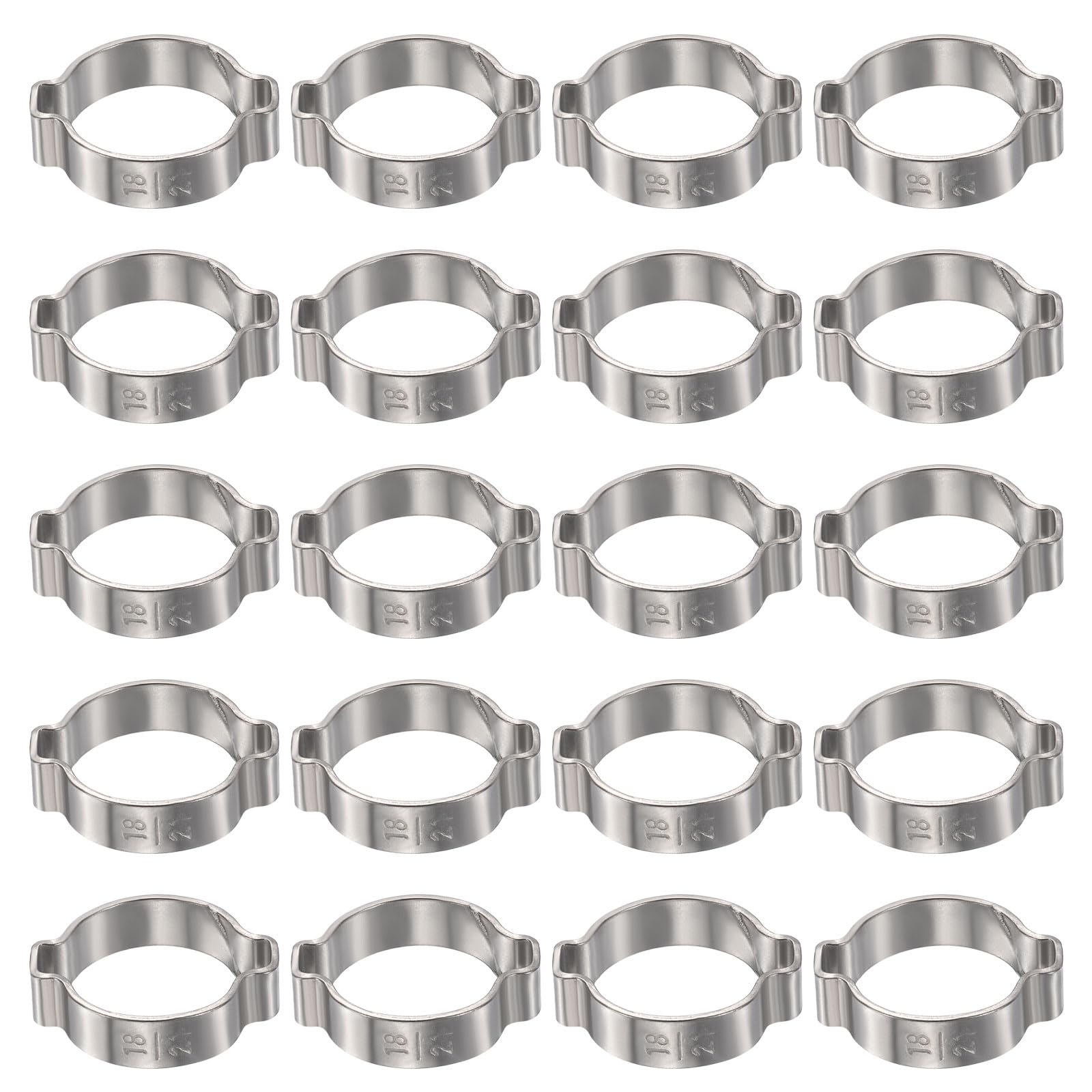sourcing map 40pcs Double Ear Hose Clamp 18-21 mm 304 Stainless Steel Hose Clamp Double Ear O Clips Crimp Rings for Fuel Line Pipe Tube Fitting Connections, Silver