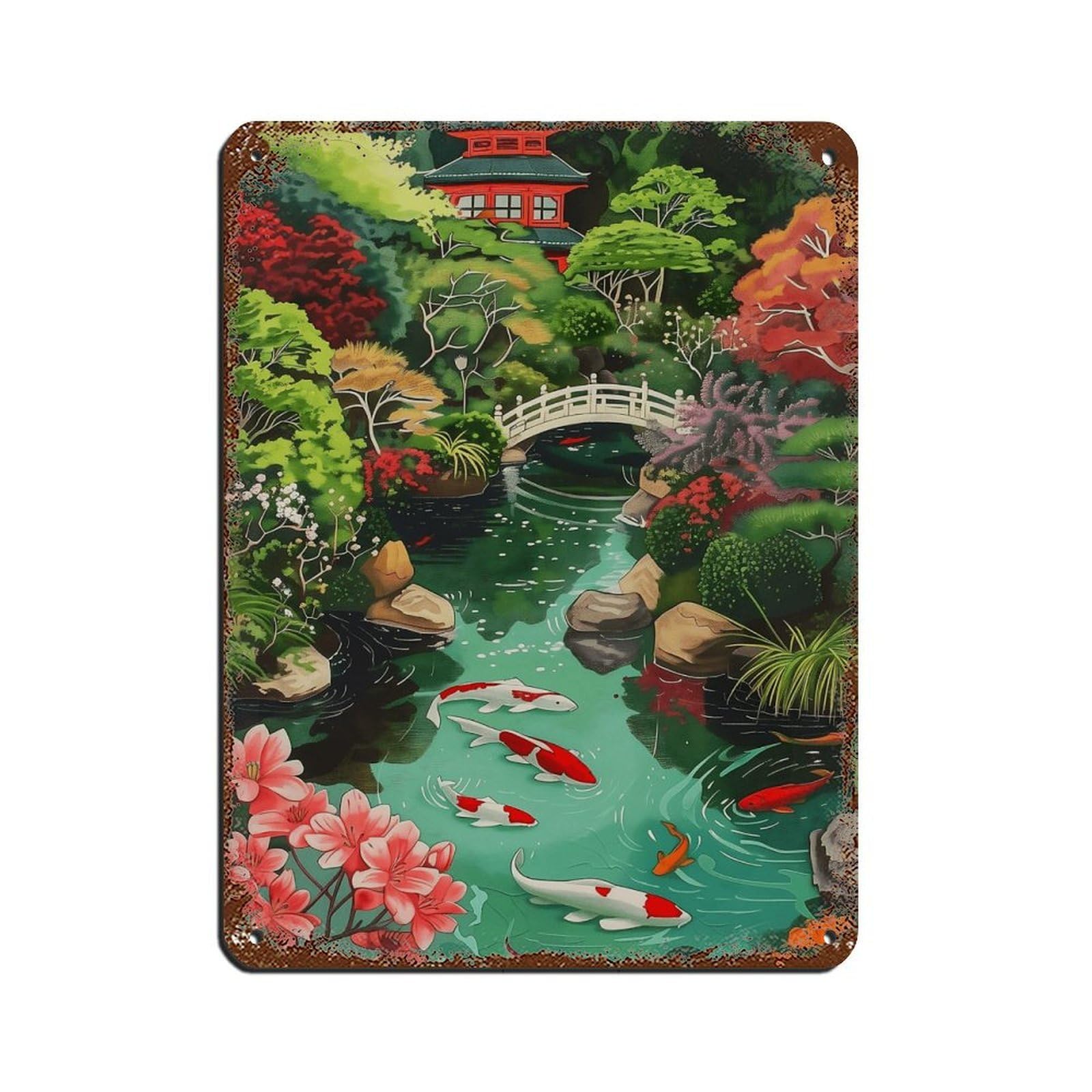 Koi Fish Pond Illustration Japanese Garden Tin Sign Vintage Metal Pub Club Cafe Bar Home Wall Art Decoration Poster Retro 12x16inch(30x40cm)