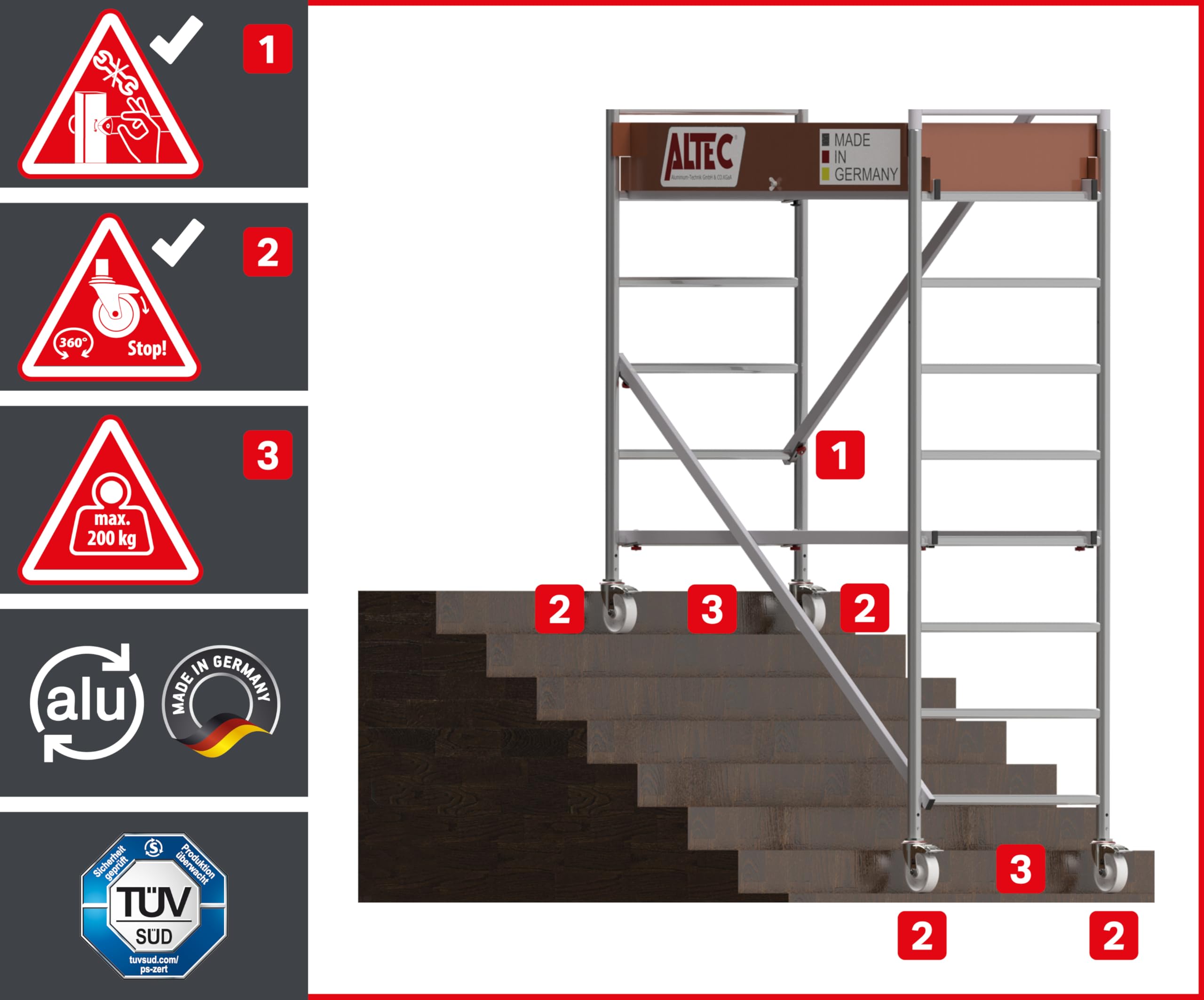 ALTEC Rollfix 2.0 700 | 7m de hauteur de travail | Roues pivotantes avec frein (Ø125mm) | Ancrage mural | Made in Germany | TÜV | Charge admissible 200kg/m² | DIN EN 1004-1 | Echafaudage aluminium