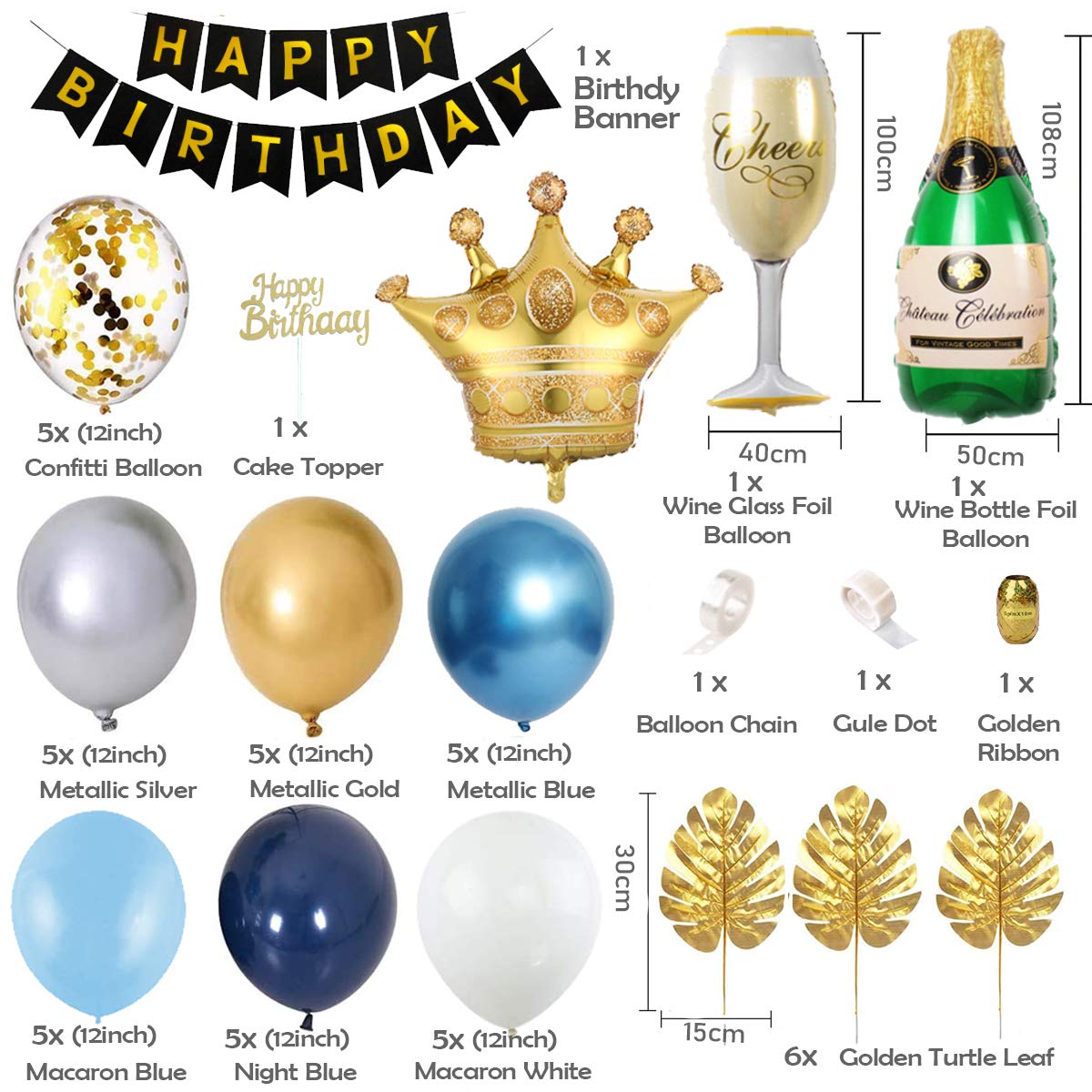 Buy Birthday Decorations Men, Blue Gold Party Decorations with Happy Birthday Banner, Crown