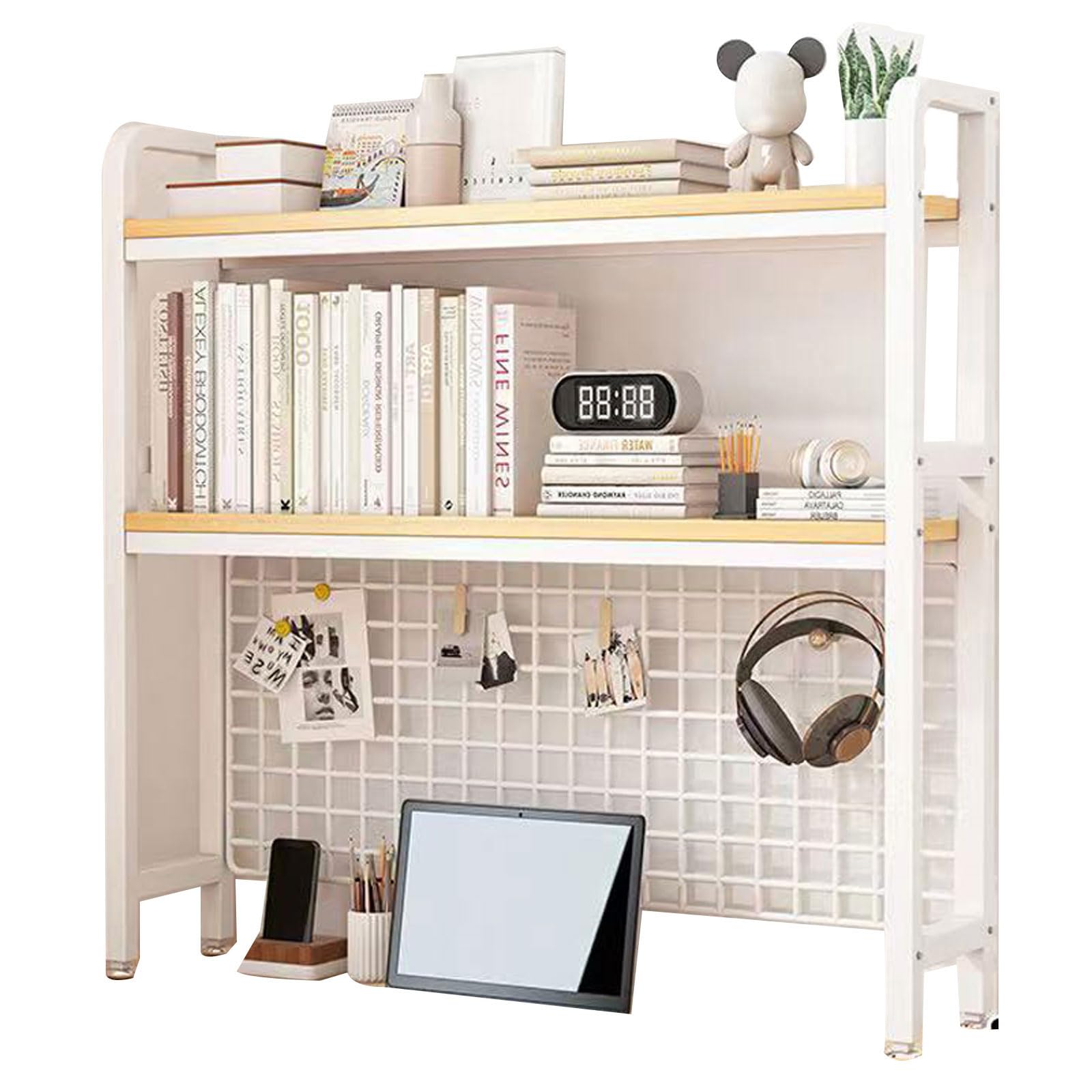 SXZenSpace Metal Desktop Shelves Multipurpose Bookshelf for Computer Desk with Grid and Hooks