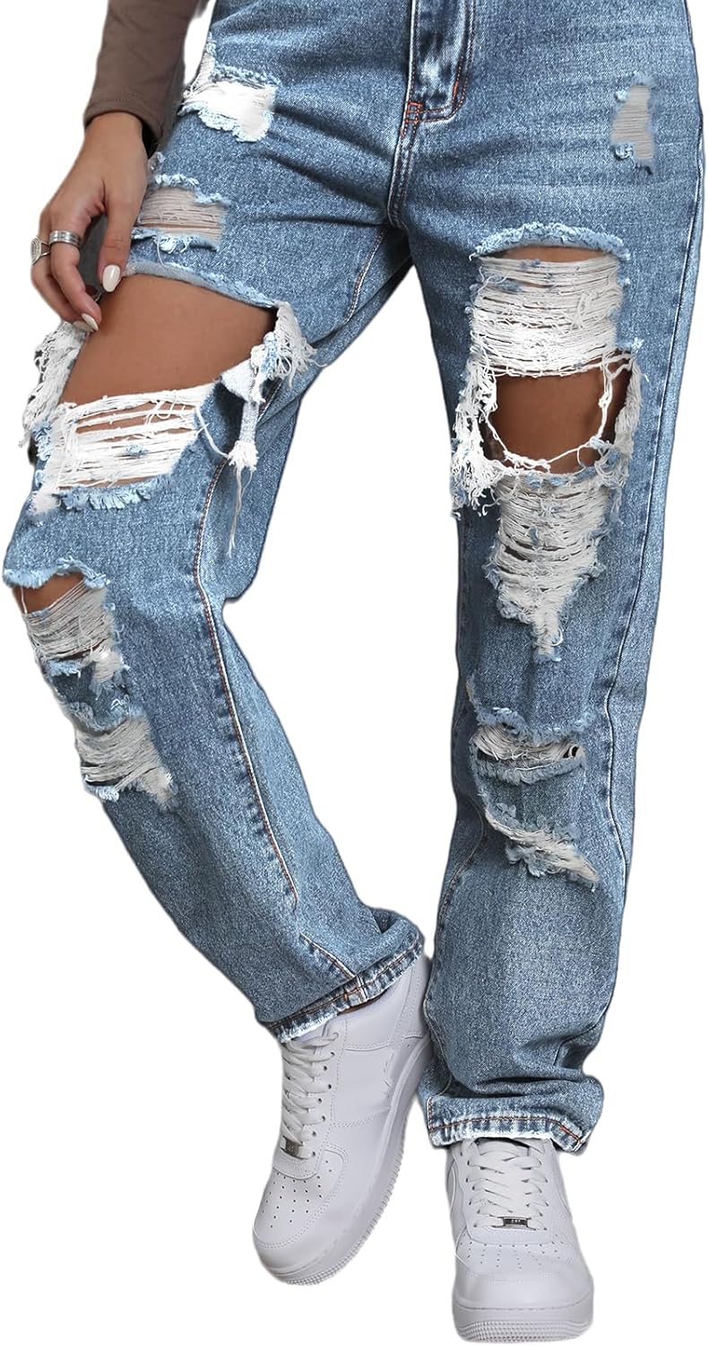 Giallino Women’s Pink Ripped High Waisted Jeans – Distressed Straight Leg Y2K Pants – Size M (Long Inseam)