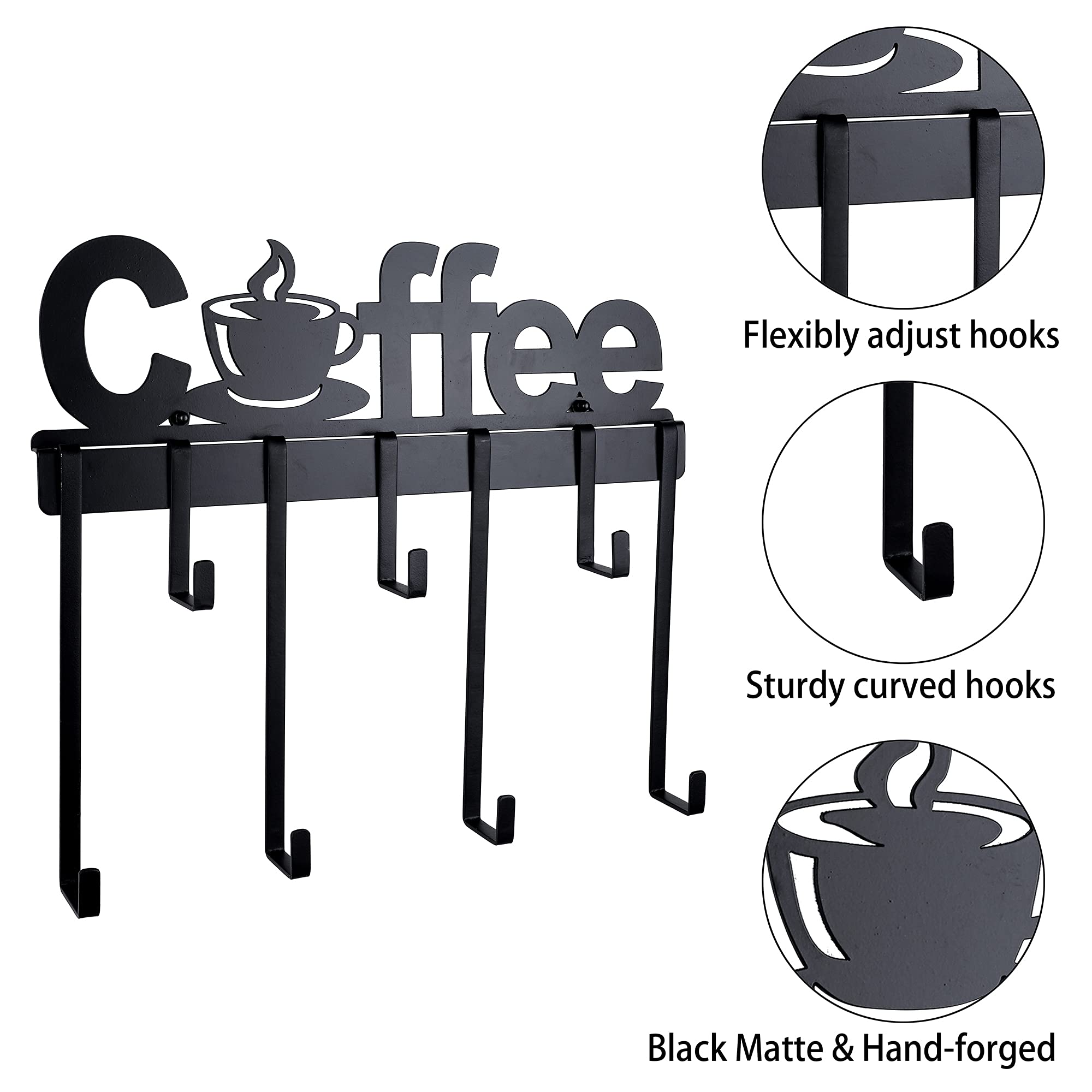 YANGSHUO Coffee Mug Holder - Wall Mount Coffee Cup Holder with Adjustable Mug Hooks (Black/Metal), Decorative Coffee Sign Mug Hanger Rack (17-Inch)