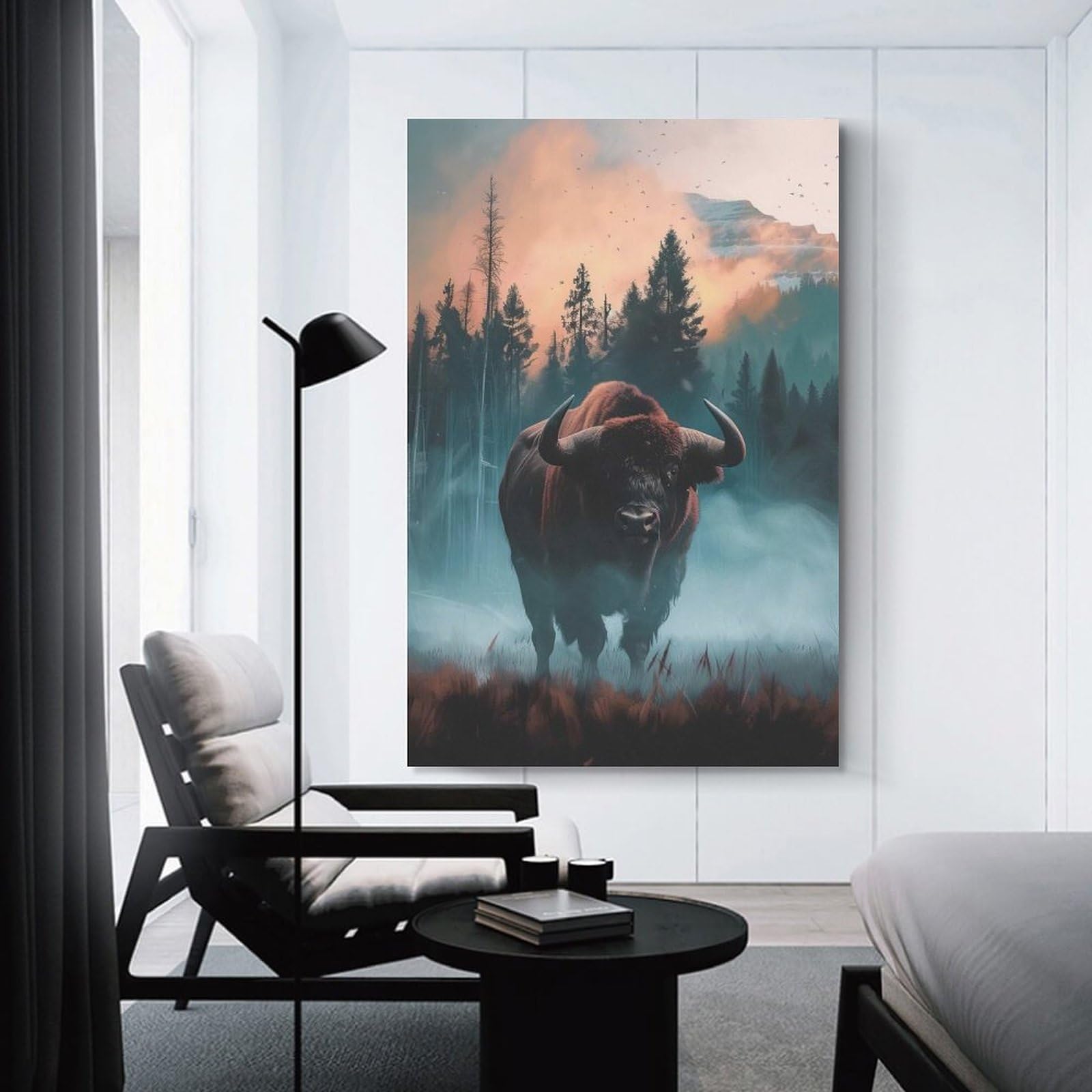 Junmoney Decorative Canvas Print Bison in Misty Forest, 12x18inch(30x45cm), for Lounge, Bedroom Or Personal Spaces, A Wall Art Gift for Fresh Interiors