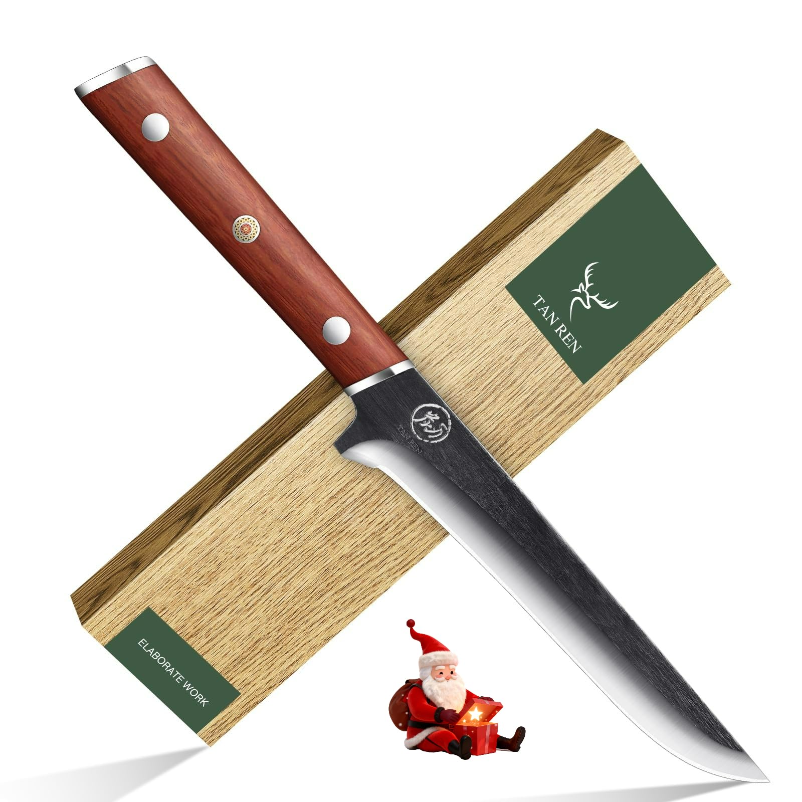 TAN REN 6 Inch Boning Knife for Meat Cutting, High Carbon Steel Deboning Knife for Butchering, Full Tang Fillet Knife with Wood Handle, Processing Knife for Meat Trimming