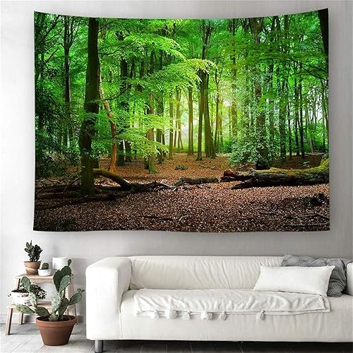Miniatura 10 de FENDROM Tapiz verde de bosque brumoso para colgar en la pared, diseño de cueva de montaña, paisaje, cascada, río, tapices para dormitorio, sala de