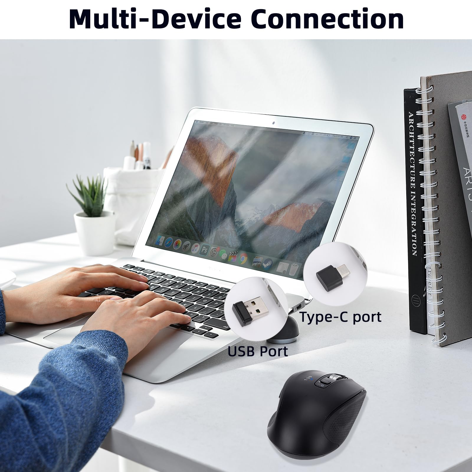 Kabellose Maus mit USB-A, USB-C-Empfänger, Wiederaufladbare Bluetooth-Maus, 4 Stufen Einstellbare DPI, Ergonomische Leise Maus für Laptop/Computer/PC/Windows-Schwarz