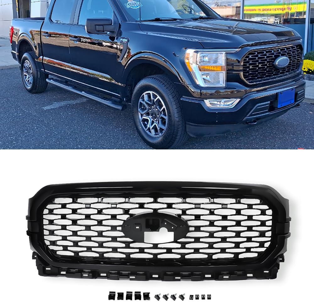 Honeycomb Front Bumper Grille Gloss Black Grill Compatible with 2021 2022 2023 F150 XL XLT Replace For ML3Z-8200-LBPTM