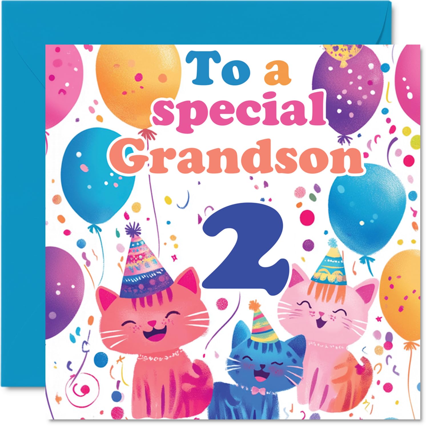 2nd Grandson Birthday Card - Cute Cats Special Grandson - Happy 2nd Birthday Card from Nanny Grandma Grandad, 145mm Age 2 Greeting Cards