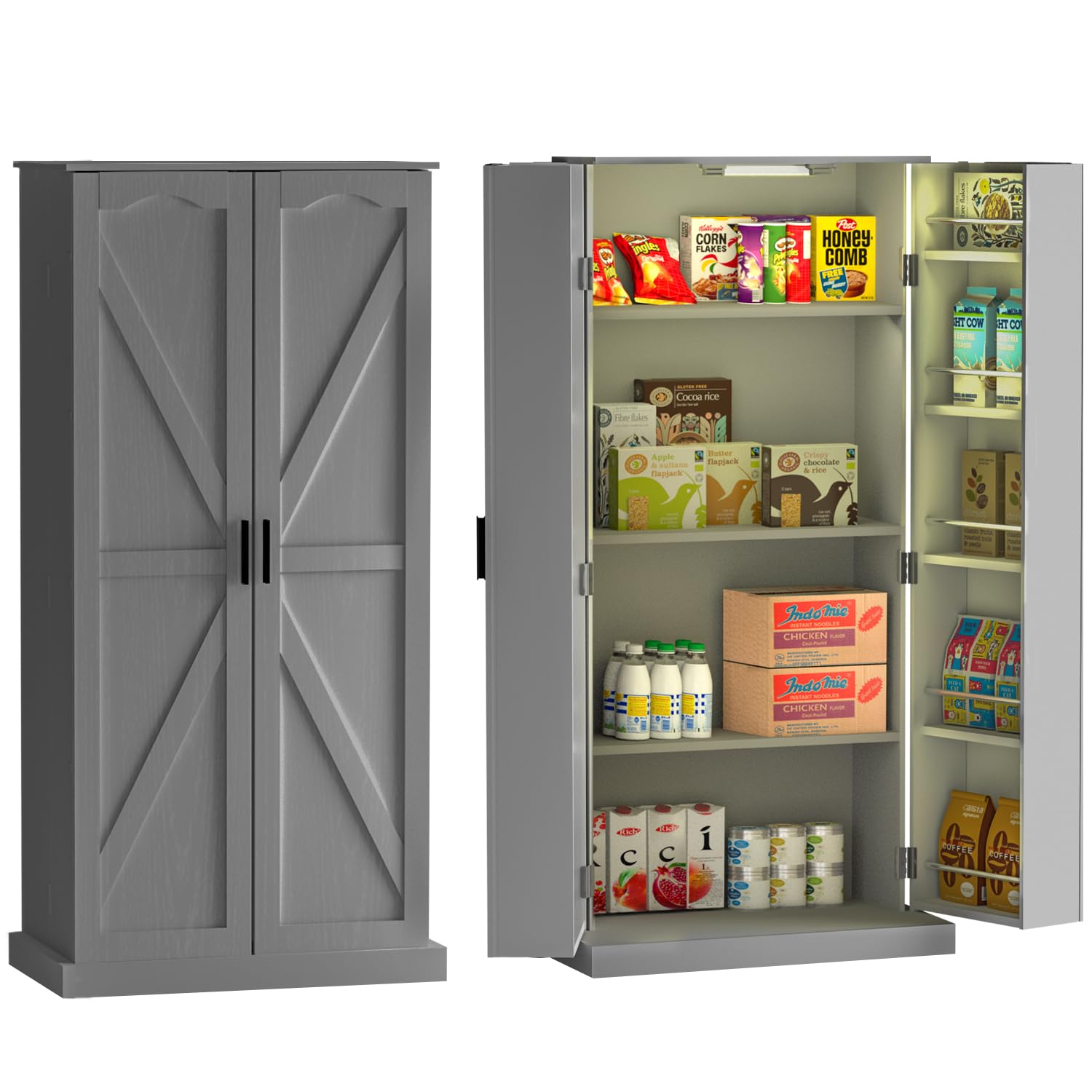 Buy 50" LED Kitchen Pantry Cabinet Farmhouse Storage Cabinet Wood Food Pantry with Barn Doors ...
