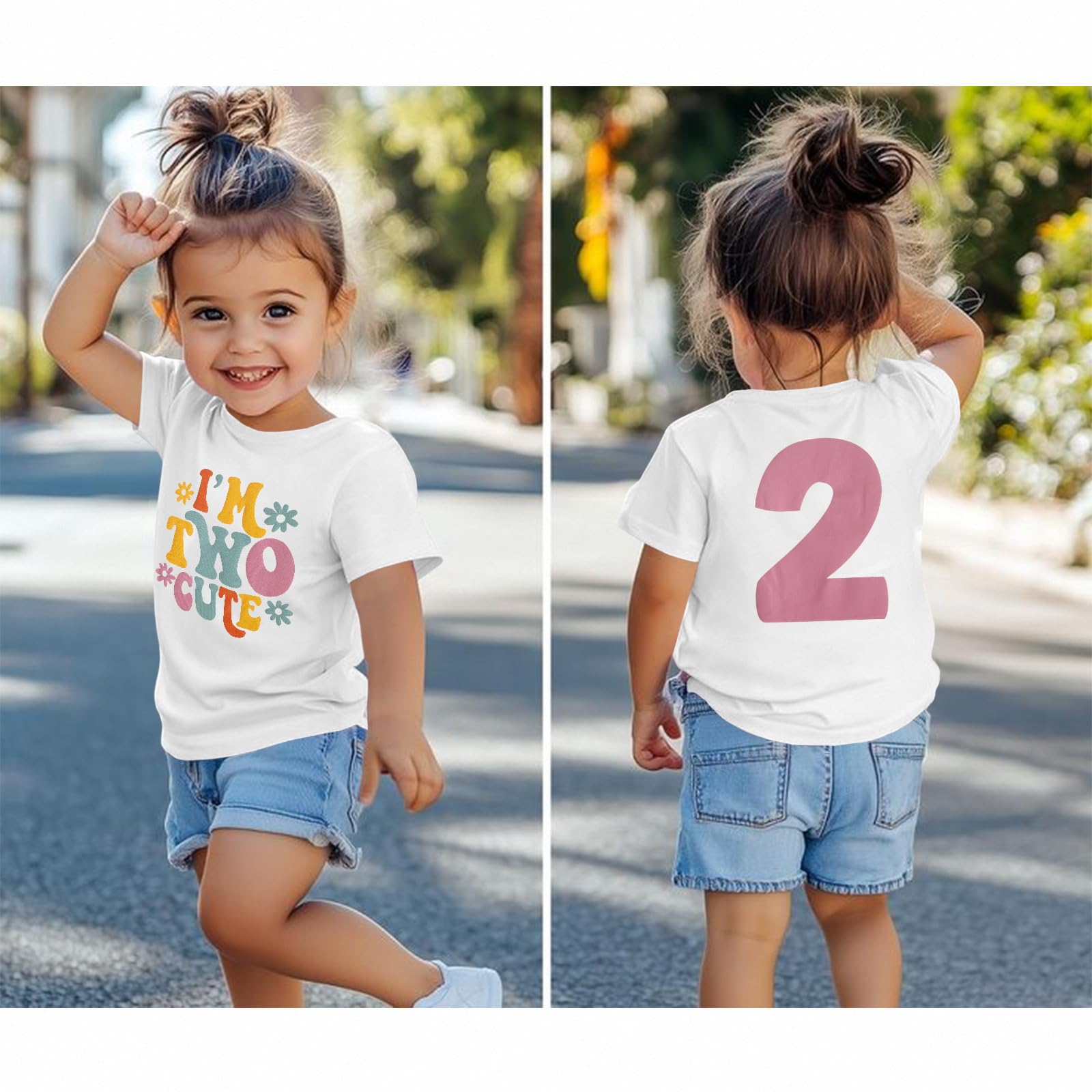 T-shirt 2ème anniversaire pour fille « I'm Two Cute » Imprimante Chemise Deuxième Anniversaire Chemises Fête d'anniversaire Vêtements Été Manches Courtes Haut Doux Col Rond T-shirt 2 Ans Enfants Outfi