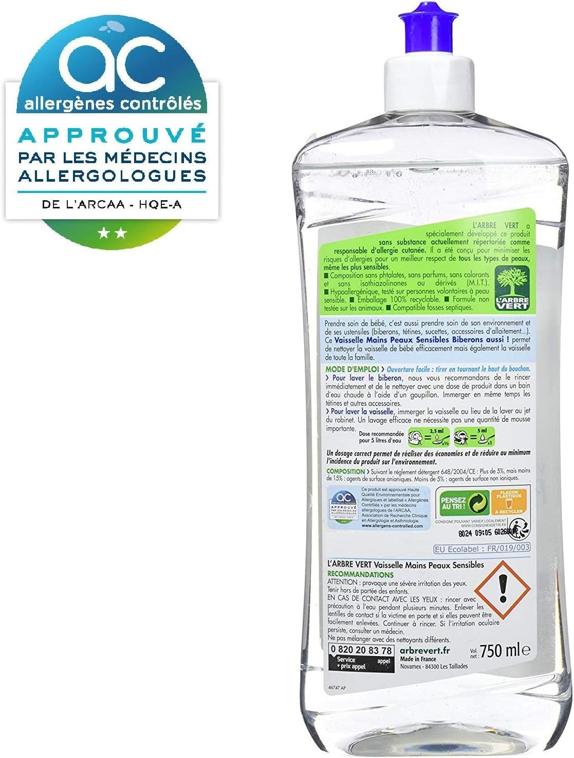 Liquide Vaisselle L'Arbre Vert Peaux Sensibles Biberons 750 ml - Lot de 10 - Vendu Par Lot