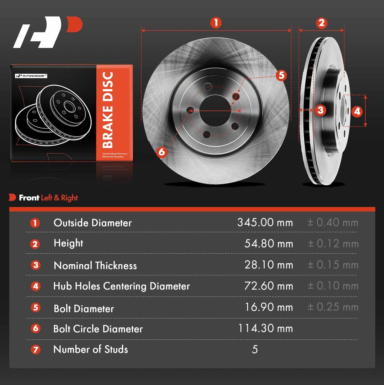 A-Premium 13.58 inch (345mm) Front Vented Disc Brake Rotors Compatible with Dodge and Chrysler Models - 300 2005-2023, Challenger 2009-2023, Charger 2006-2023, Magnum 2005-2008, 2-PC