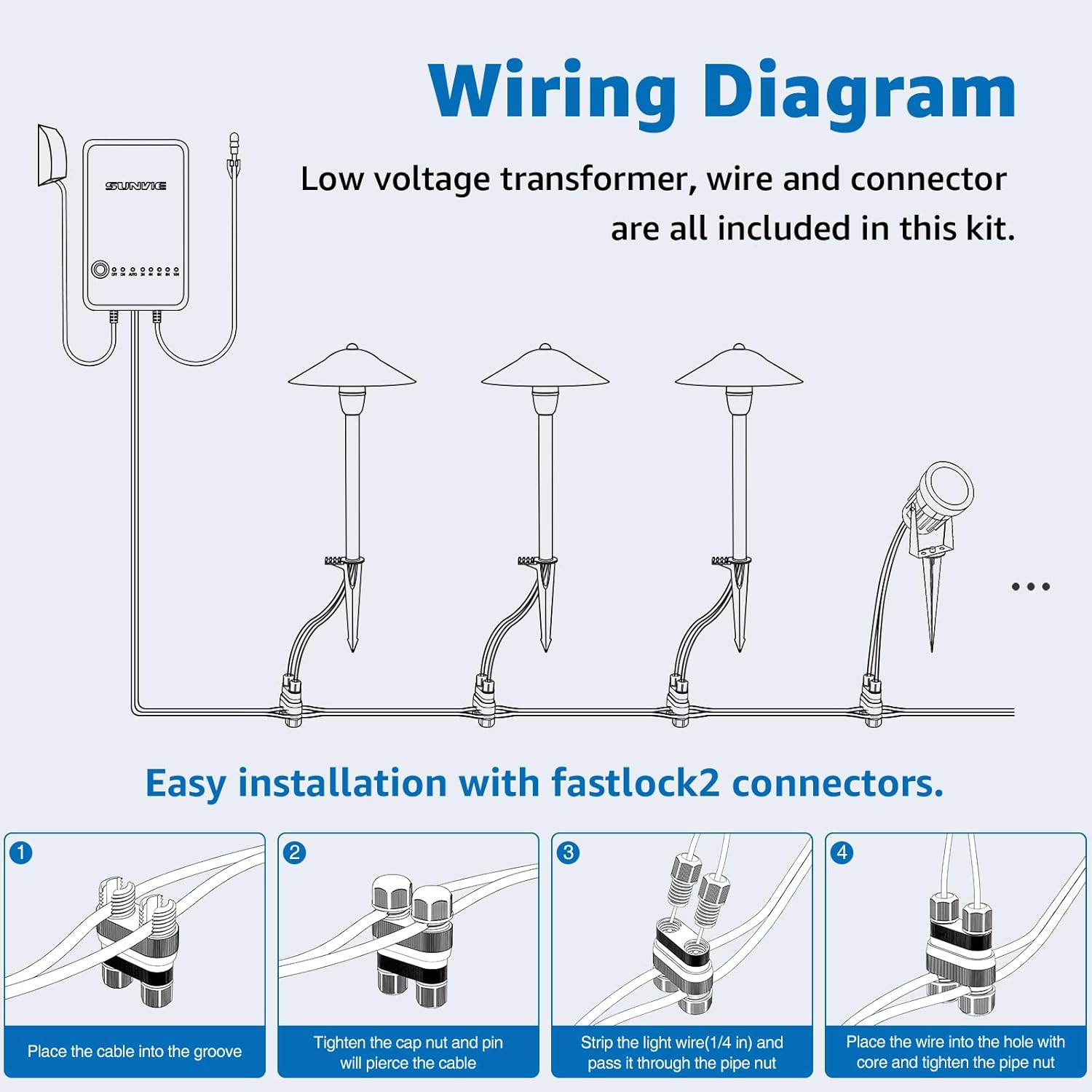 SUNVIE All-in-One LED Low Voltage Landscape Lighting Kit 6 Pathway Lights 2 Spotlights with 60W Photocell Transformer 100FT Wire for Path&Garden, Aluminum, ETL Listed, Dusk to Dawn, Waterproof, 3000K