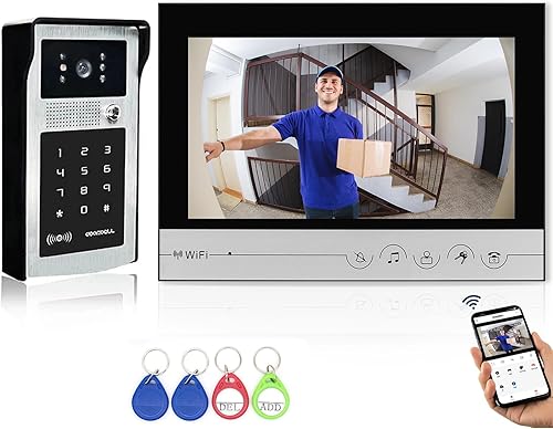 Miniatura 1 de Cámara de video WiFi, sistema de intercomunicación de video de 9 pulgadas con monitor, soporte de teléfono con puerta de video con cable, detección
