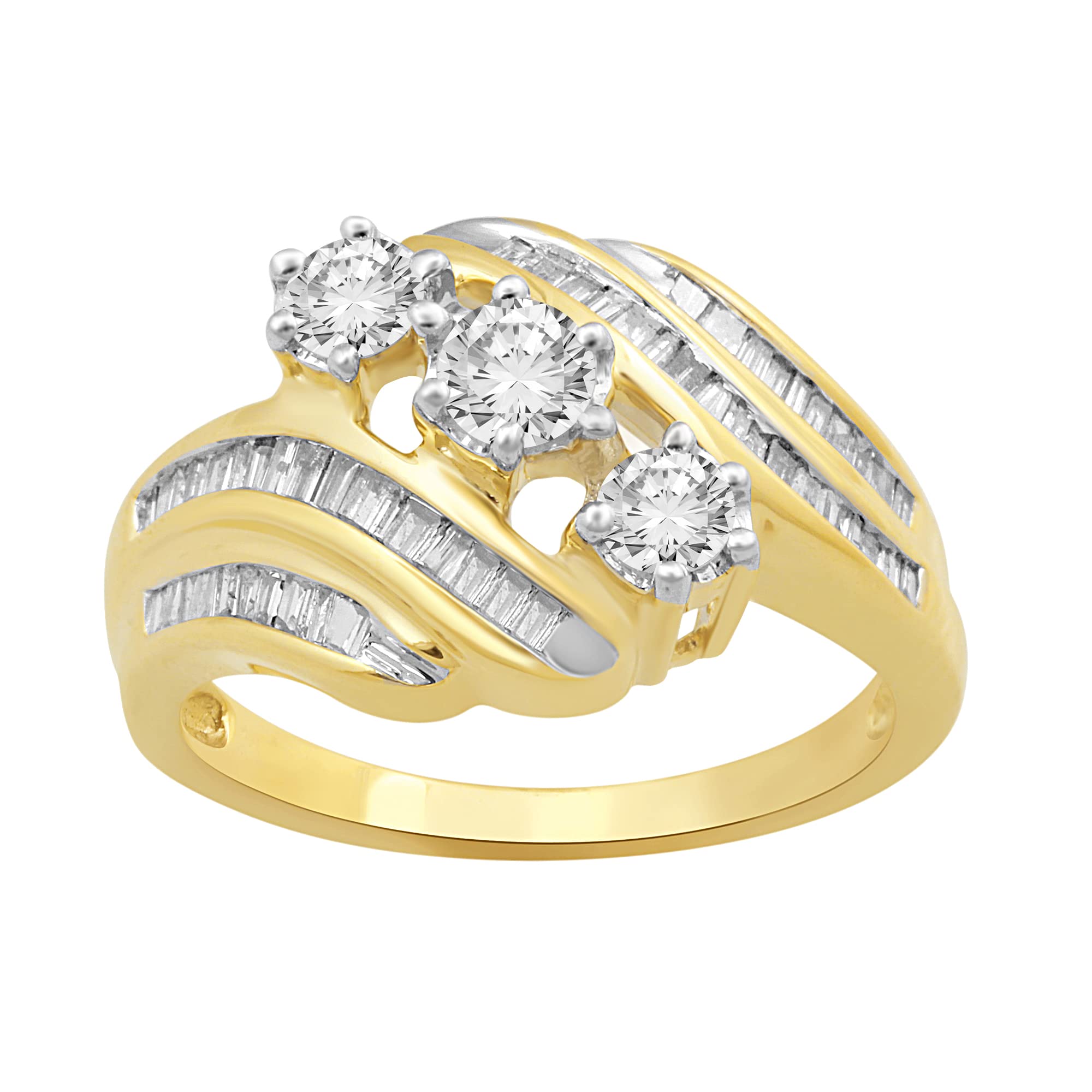 Jewelili 10K Yellow Gold with 3/4 Cttw Natural White Baguette and Round ...