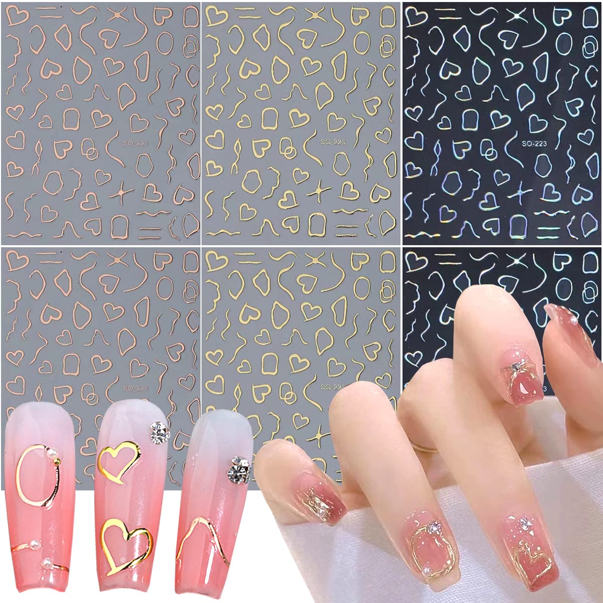 Heart Nail Art Stickers 3D Gold Stripe Lines Nail Decals Designer Nail Art Supplies Holographic Love Heart Sliders for Nails Swirls Cruved Wave Decal Manicure Tattoos Nail Sticker for Nails Art 6 Pcs