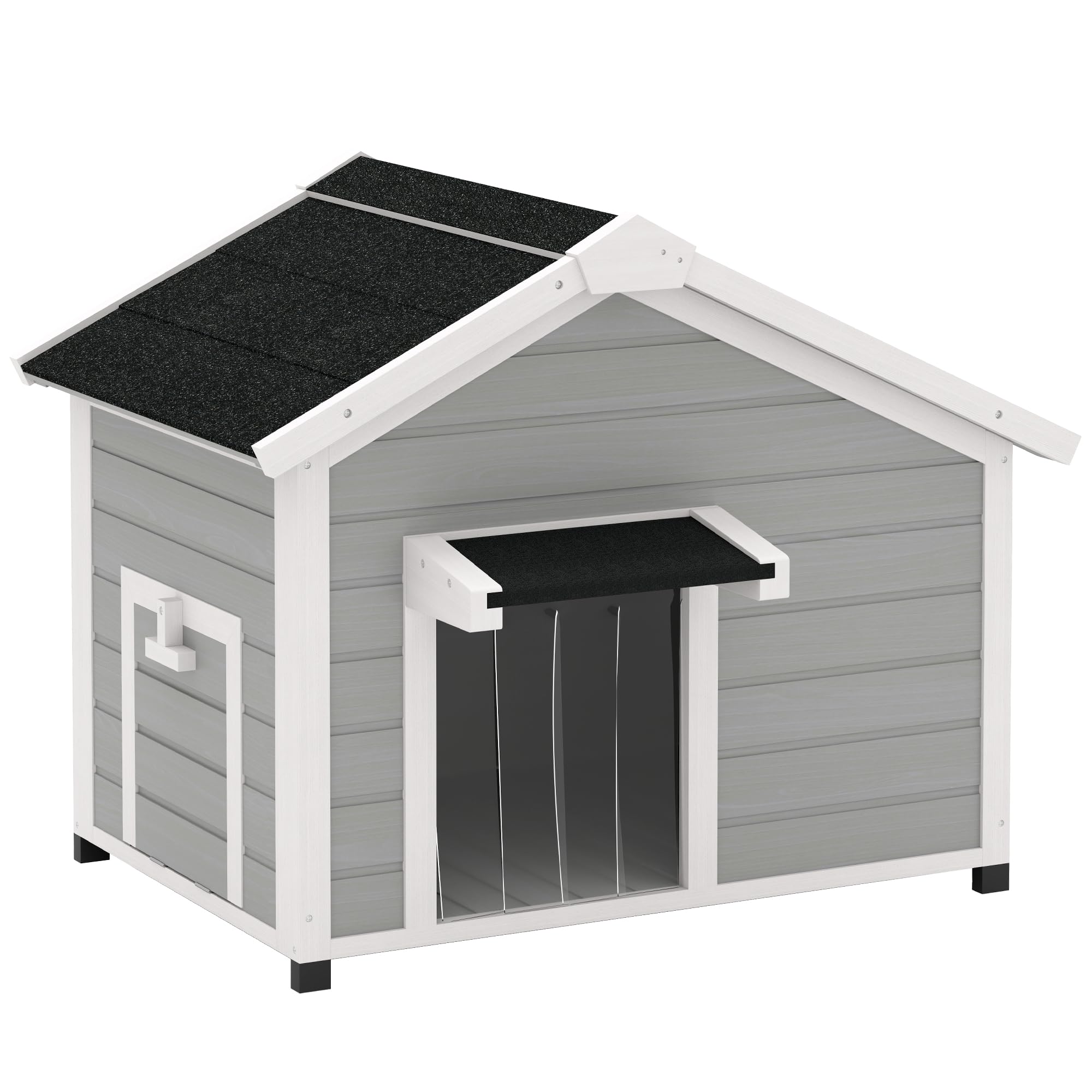 PawHut - Solid Wood Outdoor Dog House Dog House with Open Asphalt Roof, Removable Floor, Raised Feet, Door Curtain, Light Grey