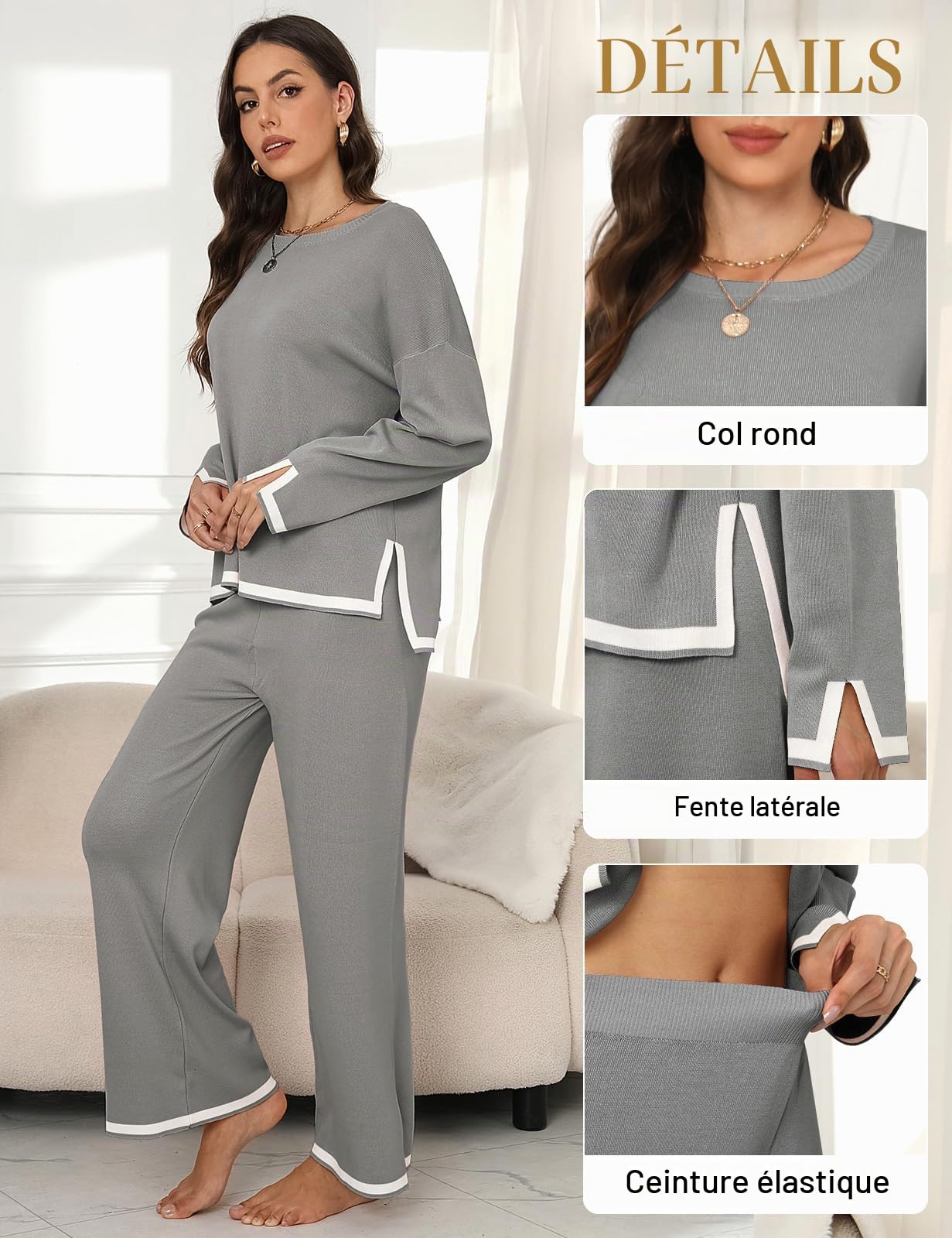 CMTOP Hiver Ensemble Femme Chic et Elegant Tricoté 2 Pièces D'Intérieur Tenue Décontracté Longues Respirant et Confortable Knit Deux Pièce Maille Top et Pantalon Large Lounge Set