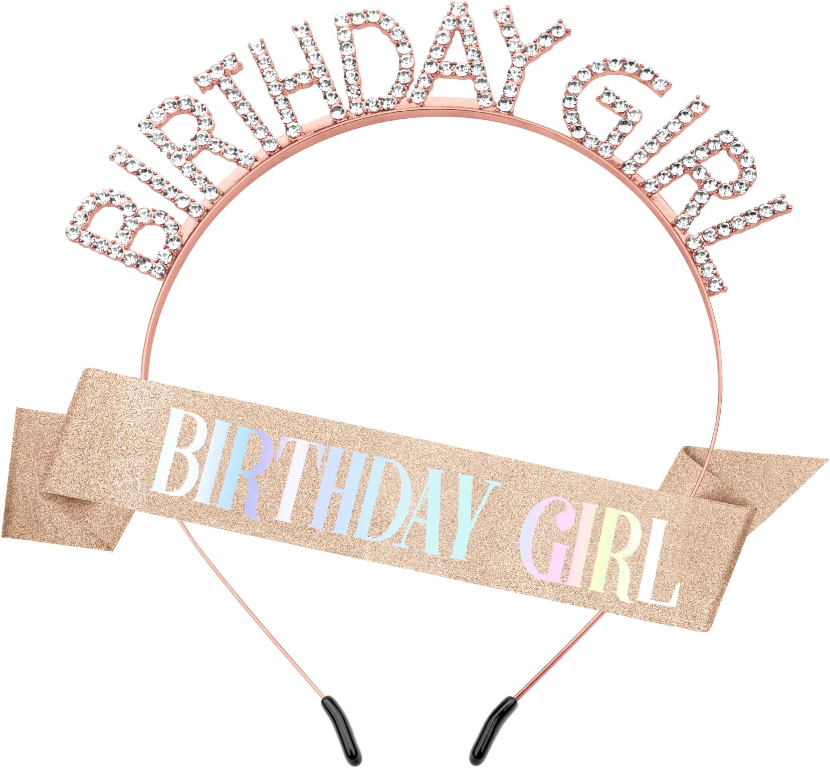 Birthday Sash Birthday Crown for Women, Birthday Girl Sash, Birthday Girl Crown, Glitter Rose Gold Birthday Sash and Crown Rhinestone Headband Set, Happy Birthday Girl Princess Tiara Sash Accessories