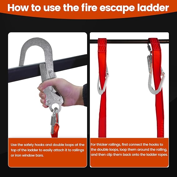 Fire Escape Ladder, 13 Ft 2 Story Collapsible Lightweight Ladder with 2 Heavy Hooks & Wide Feet, Reusable Anti-Slip Emergency Ladder for Windows & Balconies