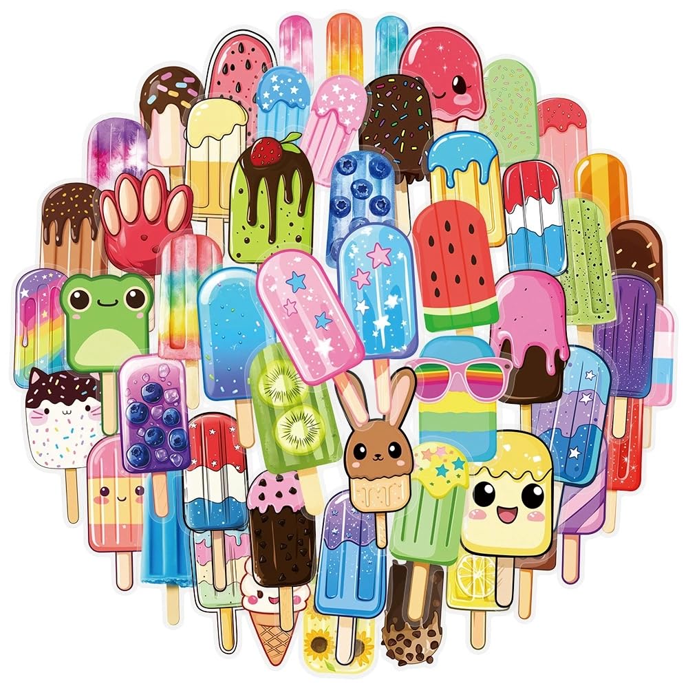 50 Pcs Summer Popsicle Stickers for Kids Teens Adults Boys Girls Gift,Popsicle Stickers Pack for Laptop,Skateboard,Luggage,Car,Bike,Cup,Computer,Water Bottle Decor,Vinyl Waterproof Decals