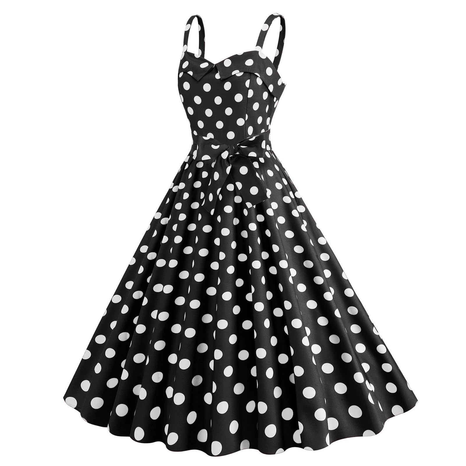 Générique Robe Année 60 Pin-Up Femme Sexy Col V sans Manche Retro robe Style 1950's Audrey Hepburn Pin-Up Rockabilly Elegante Polka Dot Trapèze Vintage Robes Swing De Bal Fête Cérémonie Mi Longue