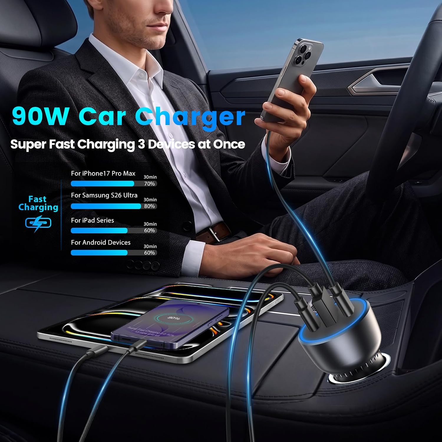 90W USB C Car Charger Adapter, 2-Pack Multi Port Type C Fast Charging Cell Phone Auto Cigarette Lighter Adapter Dual 45W Car Accessories, 12V Dual USBC Plug Output for iPhone 17 Pro Max 16 15, Android