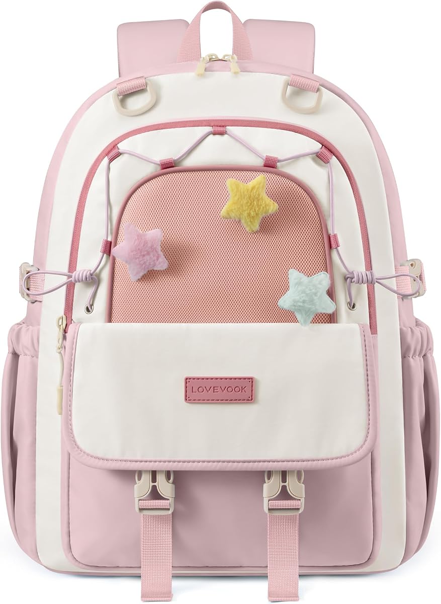 LOVEVOOK School Backpack for Teen Girls, Cute Lightweight Bookbag with Star Charm, Large Capacity Backpack Fits 15.6 Inch Laptop, Water Bottle Holder, Gift for Kids & Students