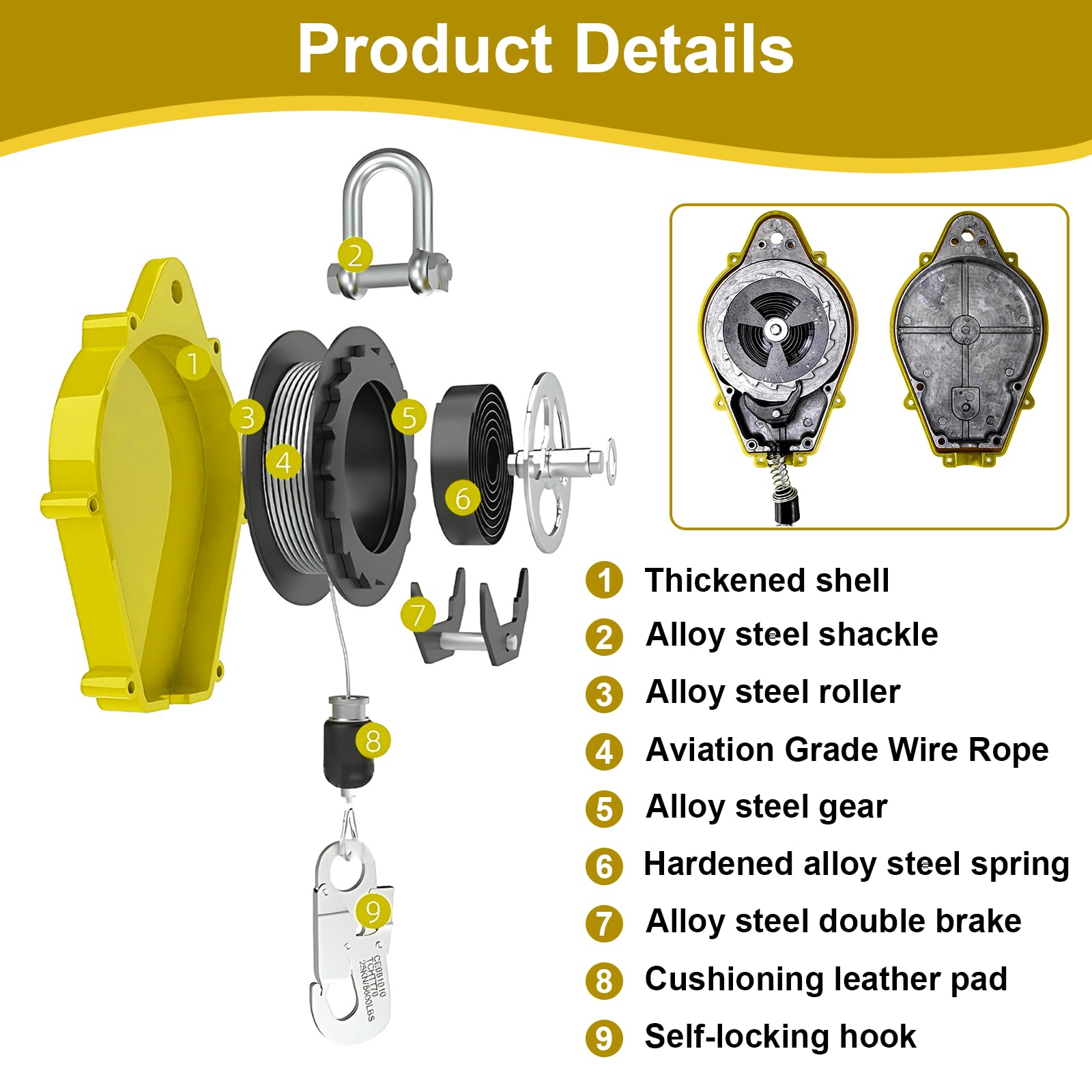 Dispositivo Anticaduta Retrattile Certificato 3-20 mt, Dispositivo Anticaduta Tetto 150 KG con Gancio, Dispositivo di Sicurezza Anticaduta Retrattile per Tetto e Lavoro Aereo(Giallo,15 mt)