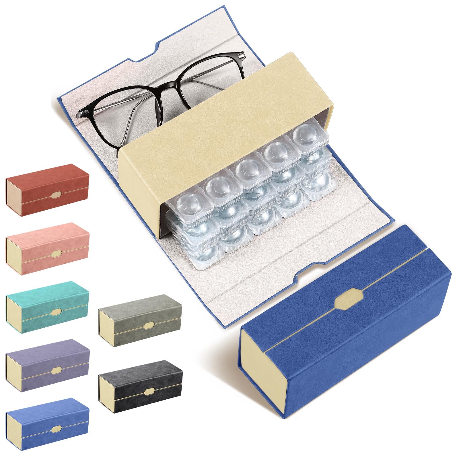 Flutesan Daily Contact Lens Case and glasses Organizer 2 in 1 Double Sided Portable Contact Lens Travel Case for Travel Outdoor Daily Use, Storage up to 30 Lense(Blue)