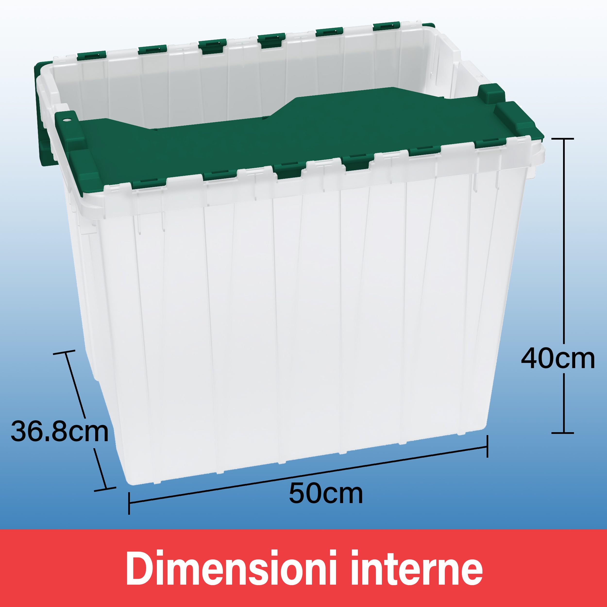 Akro-Mils KeepBox 68L Storage Container, Nesting and Stackable Plastic Storage Box with Lid Attached, Organizer Tote for Garages, Closets, and Moving, 38,7 cm W x 54,6 cm D x 43,1 cm H, Clear/Green