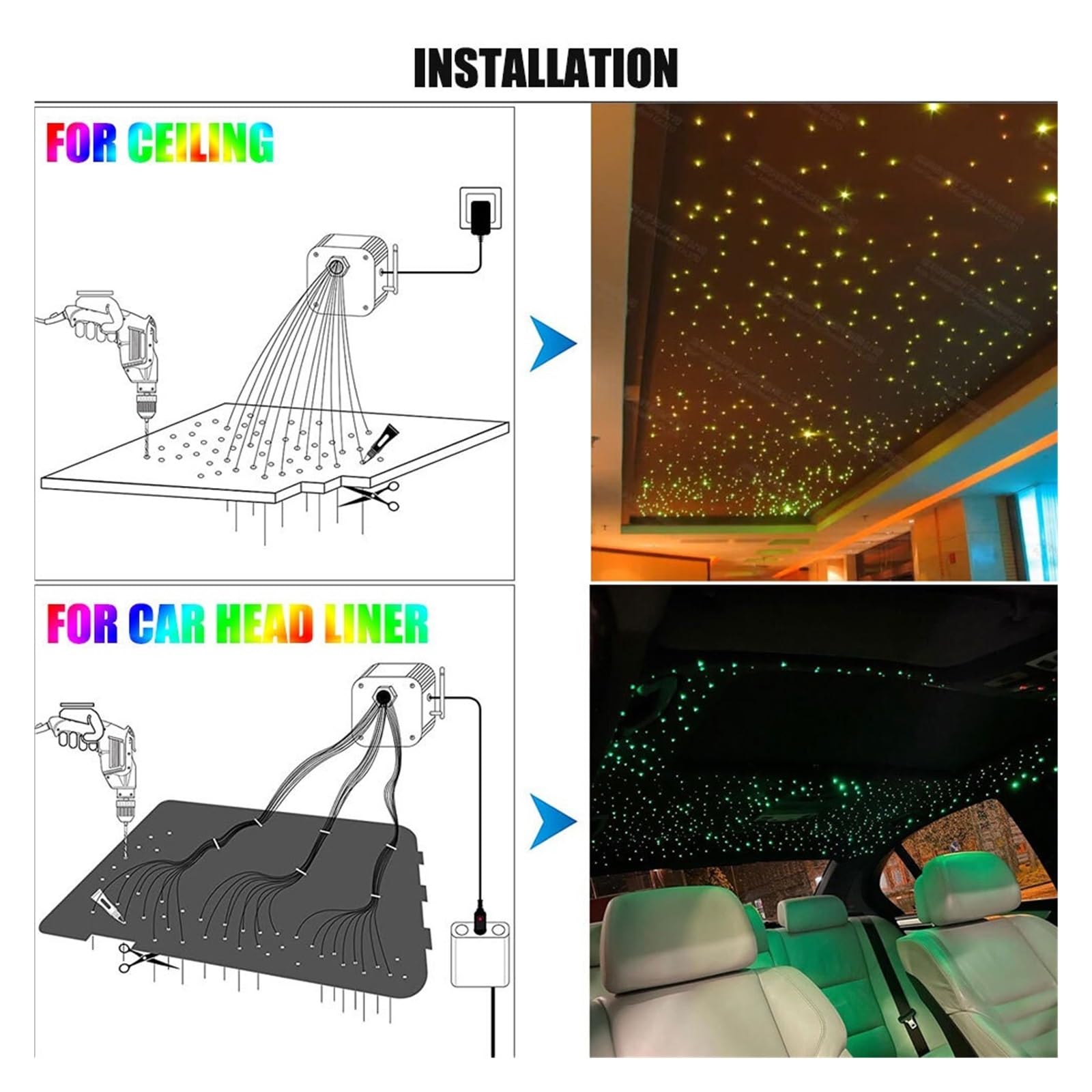 Oświetlenie wnętrza samochodu LED, 32W Twinkle RGBW światłowód gwiazda zestaw lamp sufitowych, led inteligentna aplikacja kontrola dźwięku LED silnik do samochodu gwiaździste niebo światło światłowodo